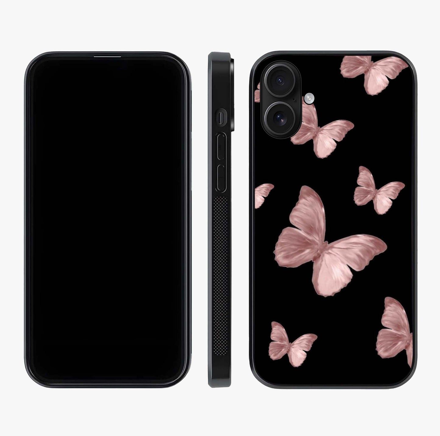 Butterfly Pattern Glass Case displayed upright for full design visibility and premium finish.