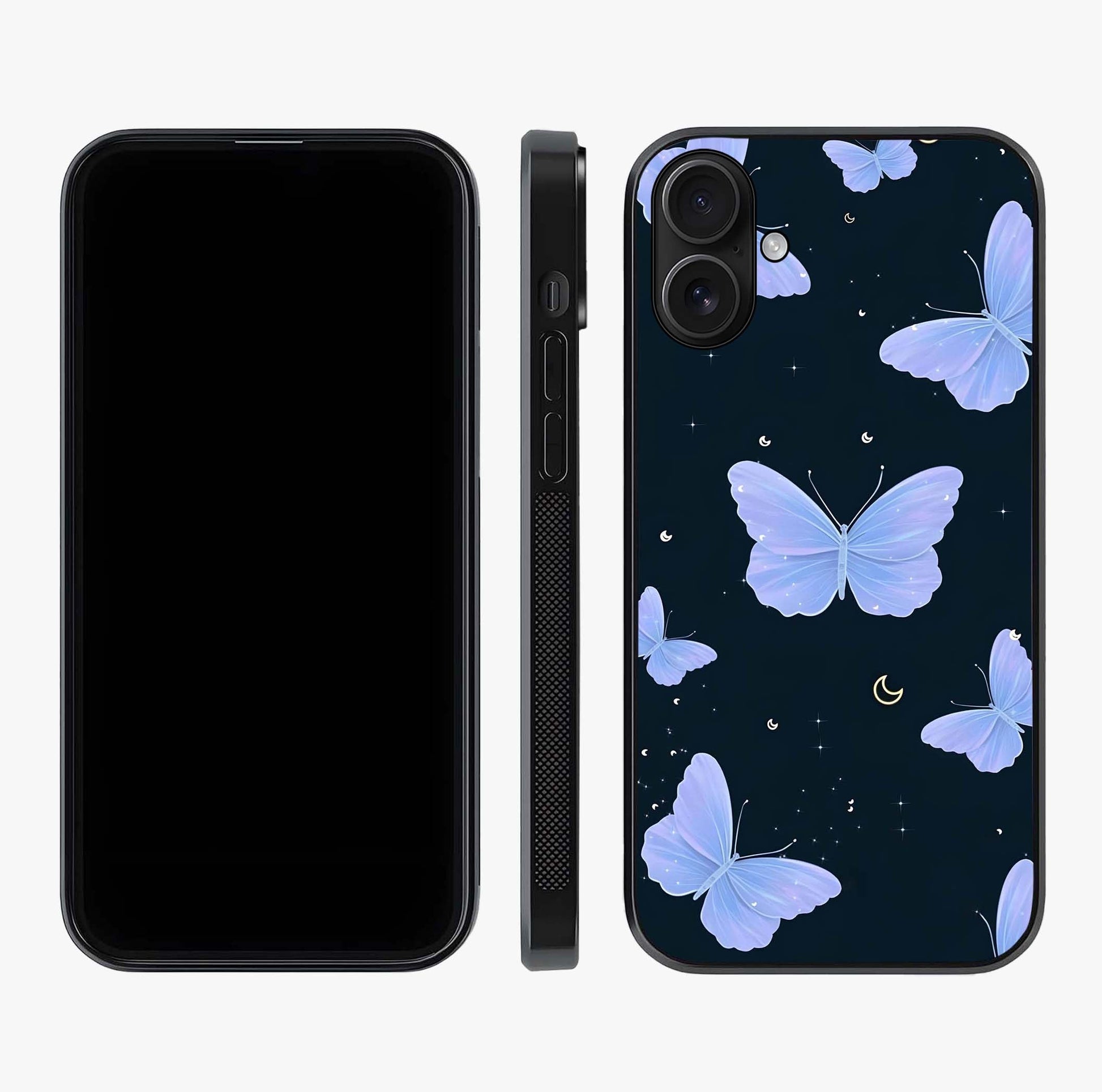 Butterfly With Stars Pattern Glass Case displayed upright for full design visibility and premium finish.