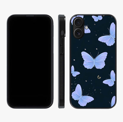 Butterfly With Stars Pattern Glass Case displayed upright for full design visibility and premium finish.