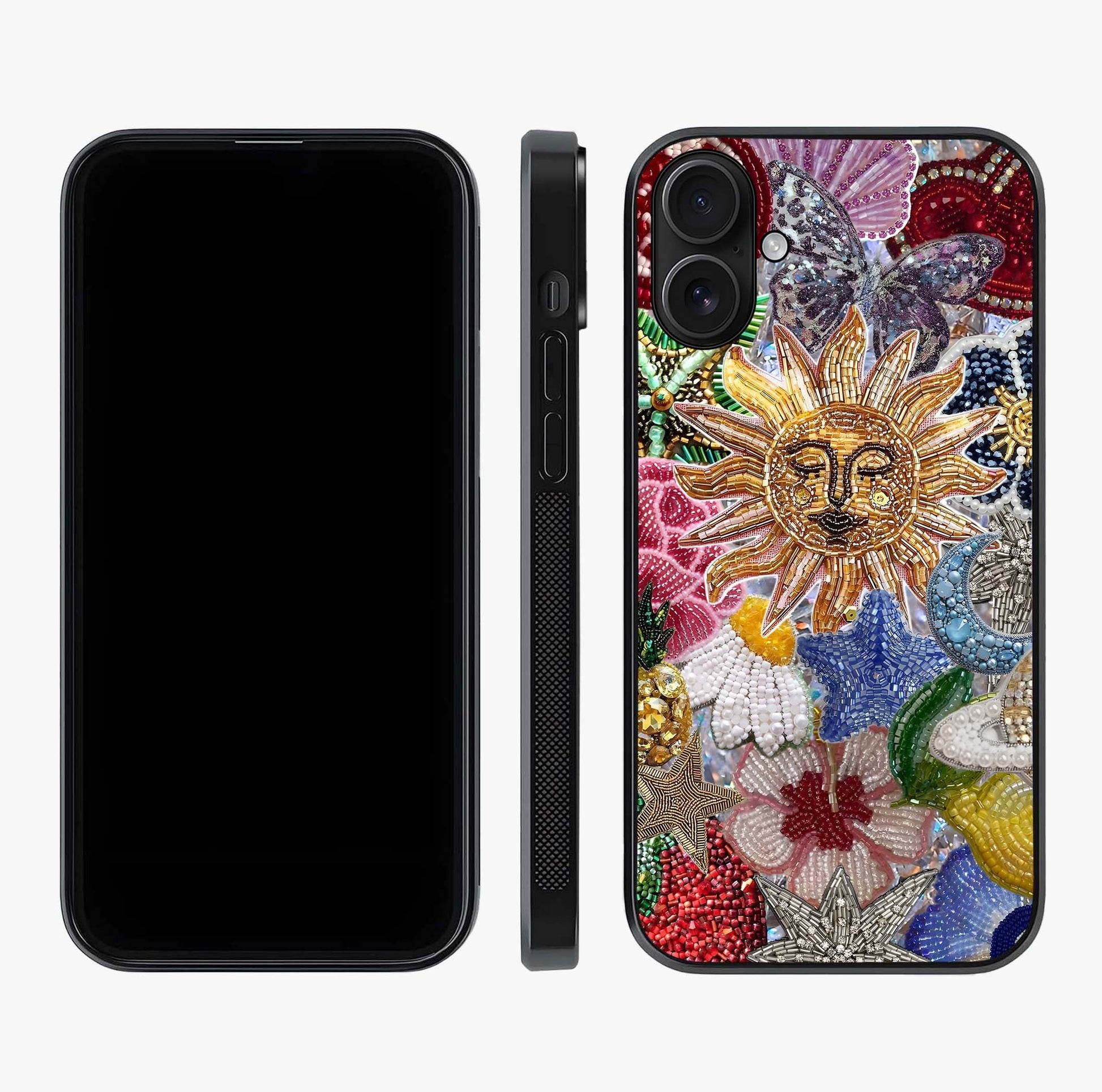 Celestial Floral And Playful Glass Case displayed upright for full design visibility and premium finish.
