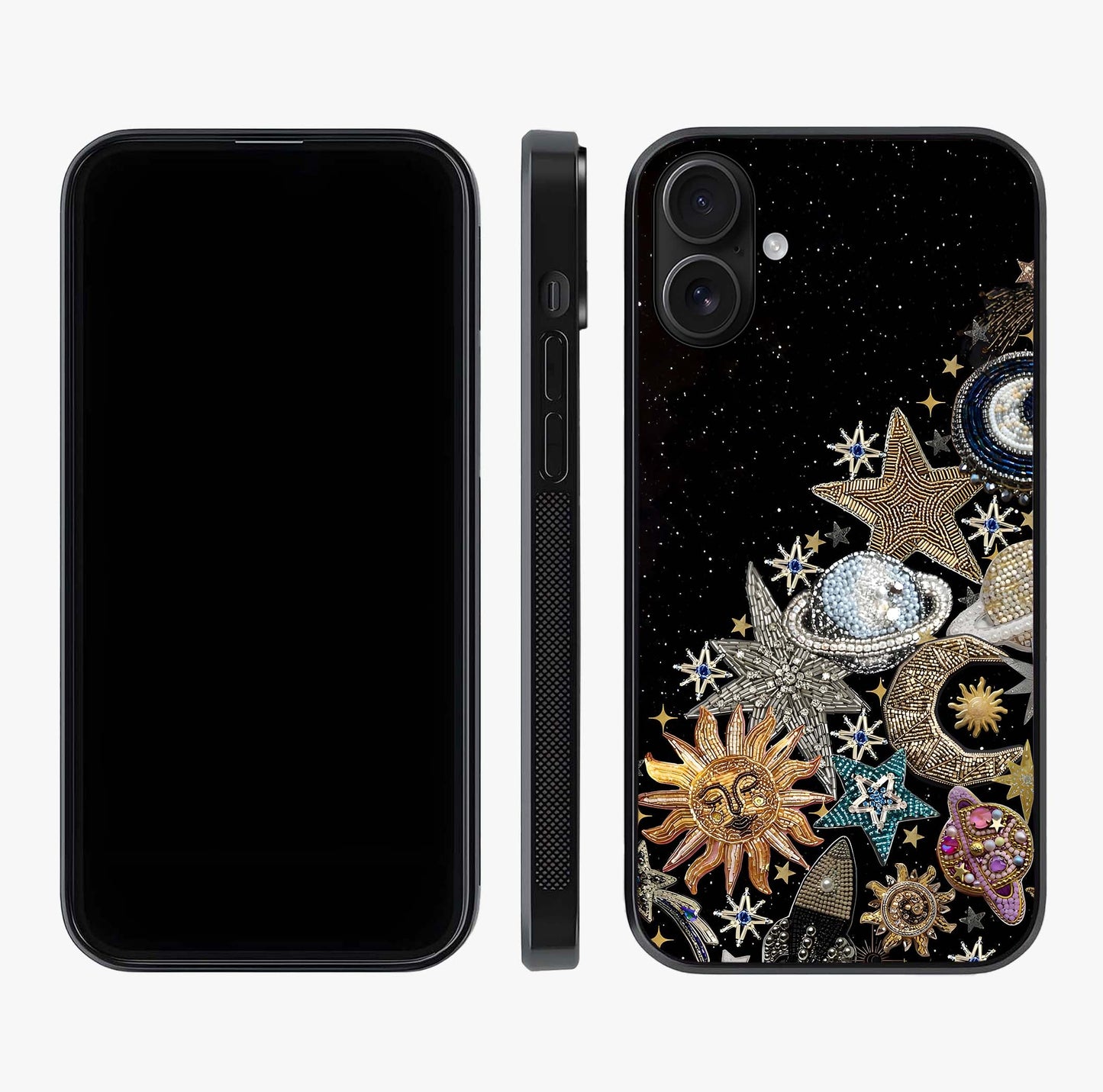 Cosmic Sparkle Dreams Glass Case displayed upright for full design visibility and premium finish.