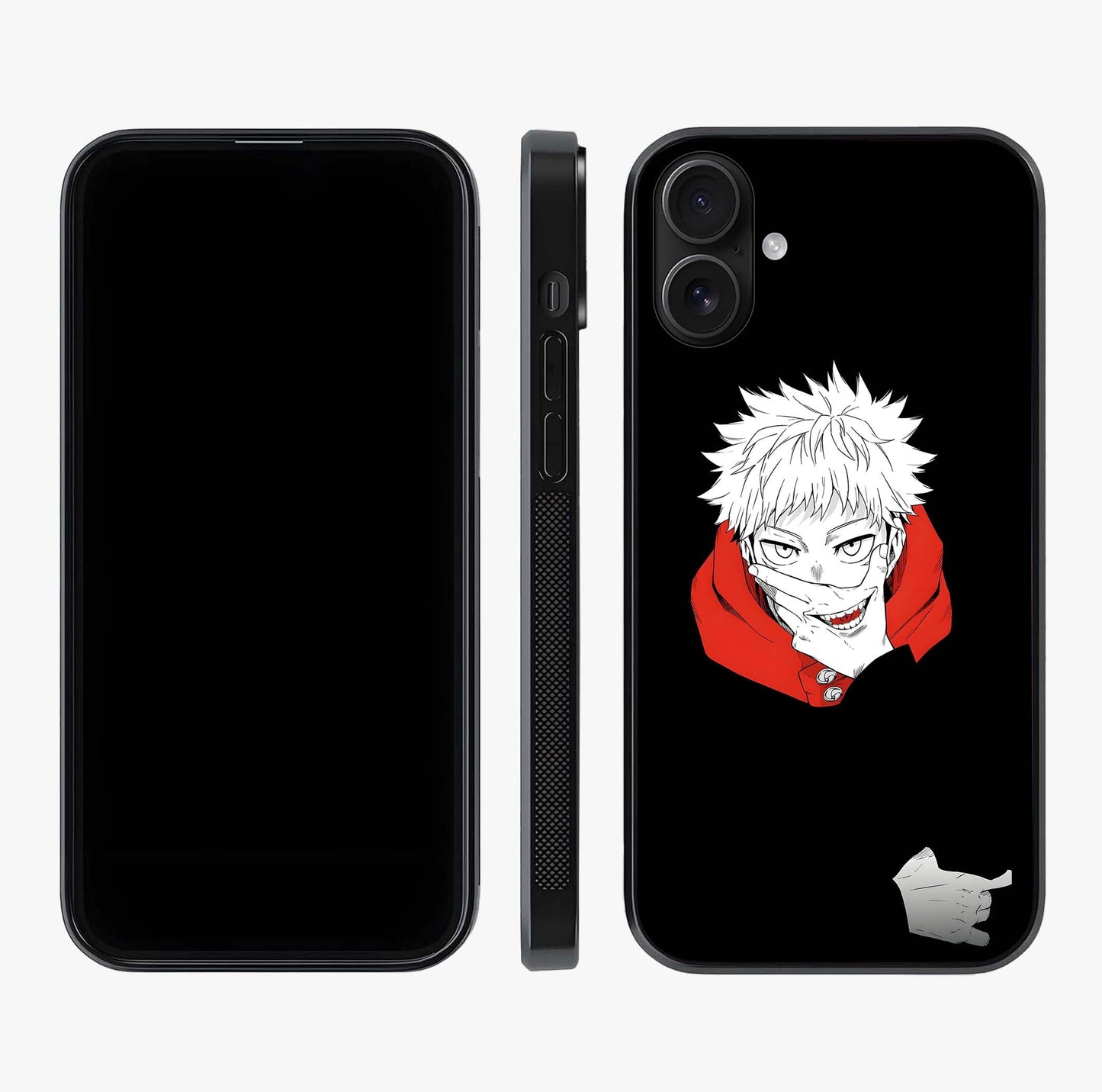 Crimson Chaos Smile Glass Case displayed upright for full design visibility and premium finish.