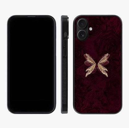 Crimson Fade Butterfly Glass Case displayed upright for full design visibility and premium finish.
