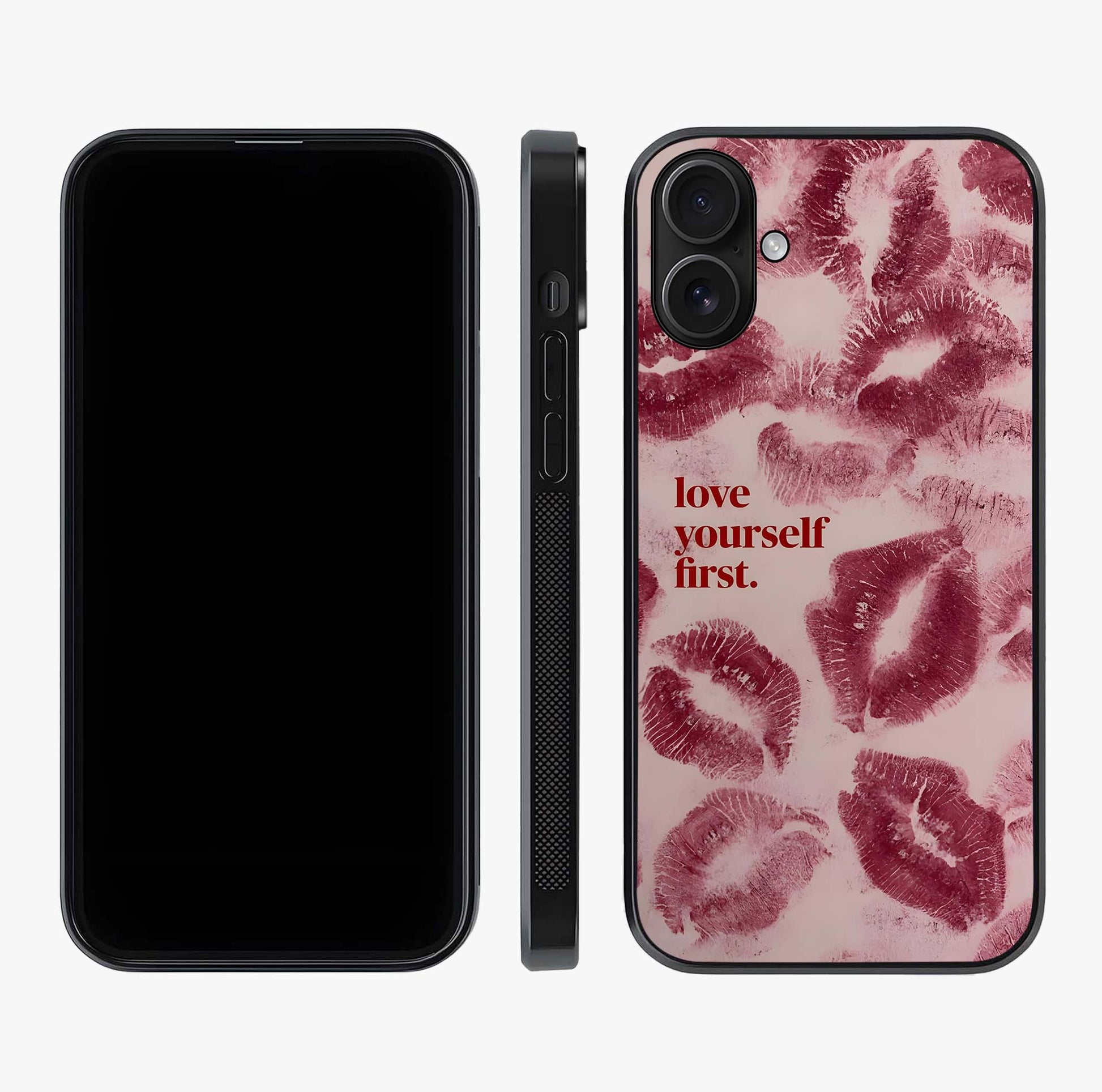 Crimson Kiss Love Glass Case displayed upright for full design visibility and premium finish.