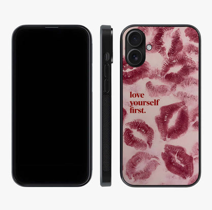 Crimson Kiss Love Glass Case displayed upright for full design visibility and premium finish.