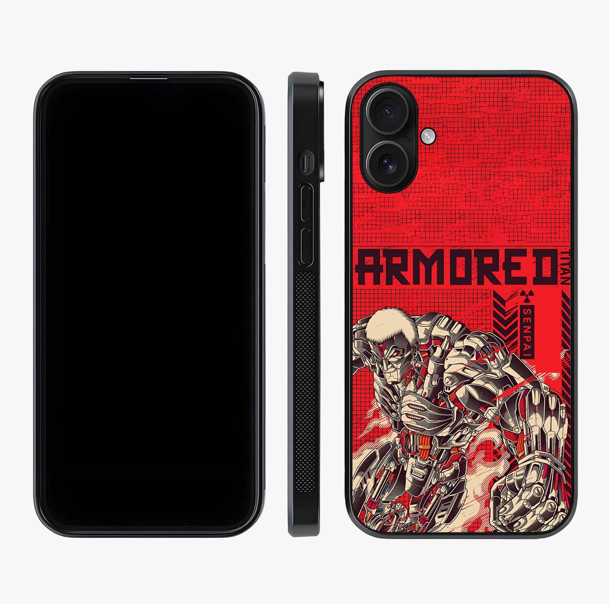 Crimson Mecha Titan Glass Case displayed upright for full design visibility and premium finish.