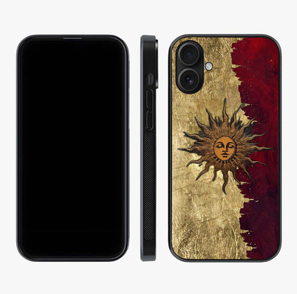 Crimson Sun Majesty Glass Case displayed upright for full design visibility and premium finish.