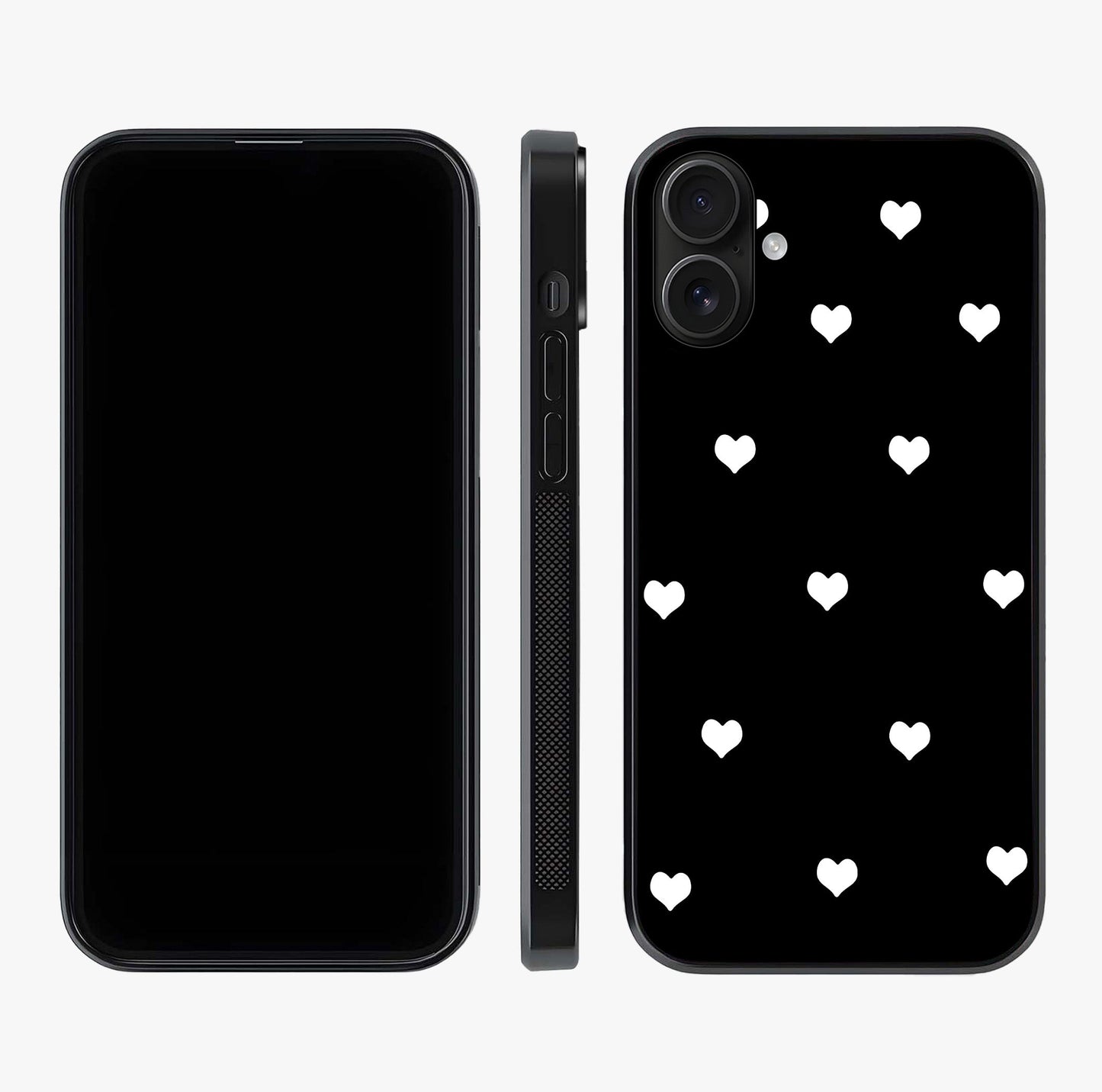 Cute And Simple White Hearts Glass Case displayed upright for full design visibility and premium finish.