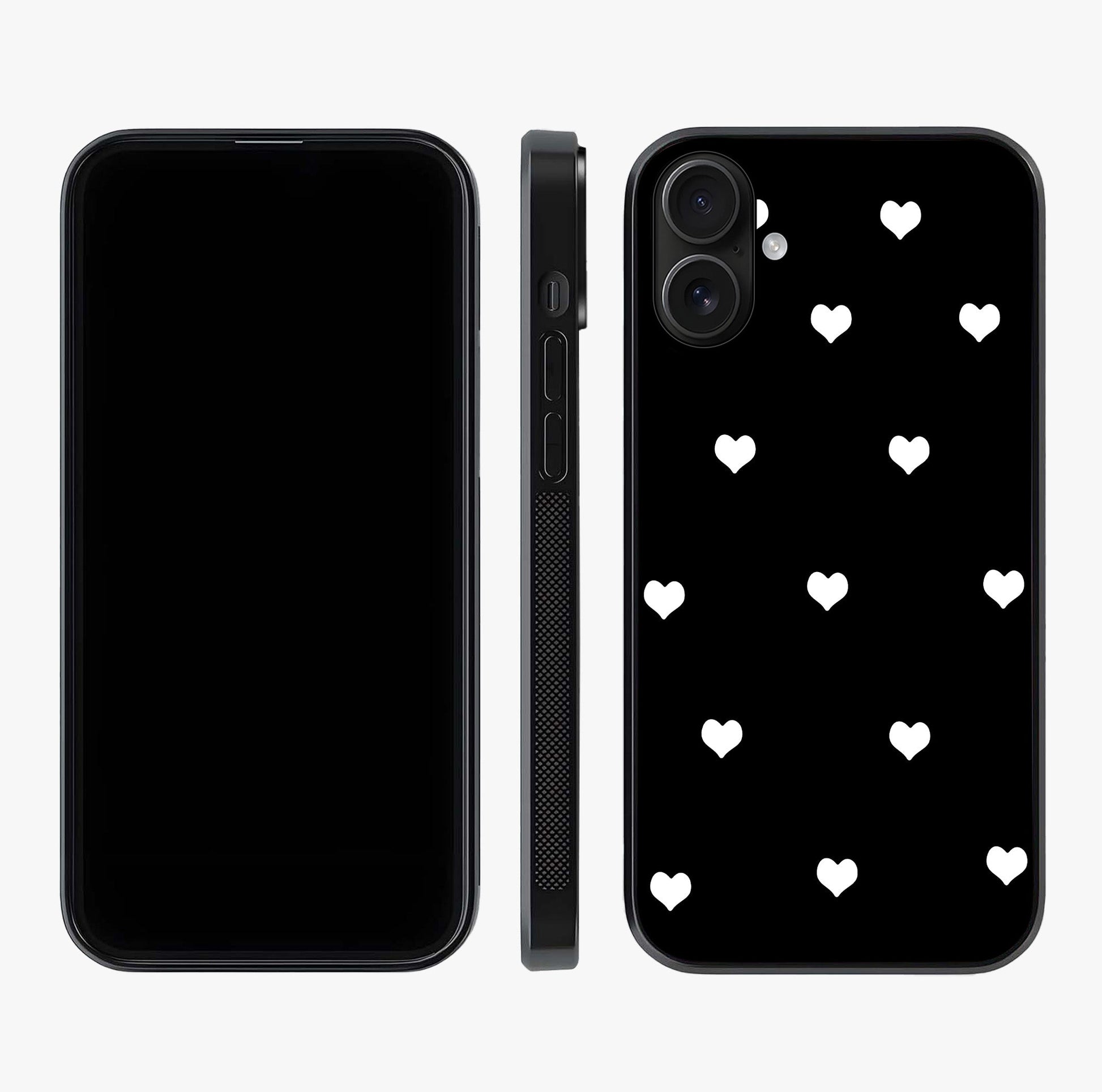 Cute And Simple White Hearts Glass Case displayed upright for full design visibility and premium finish.