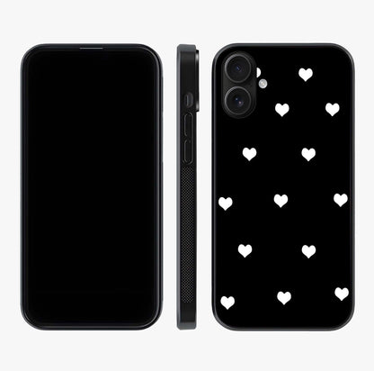 Cute And Simple White Hearts Glass Case displayed upright for full design visibility and premium finish.