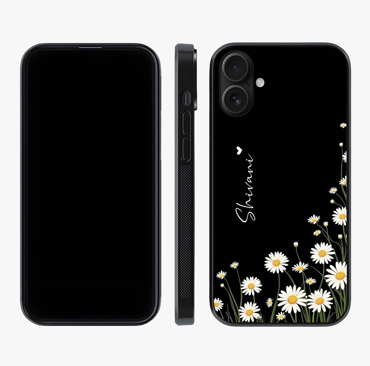 Daisy Cascade Custom Name Glass Case displayed upright for full design visibility and premium finish.