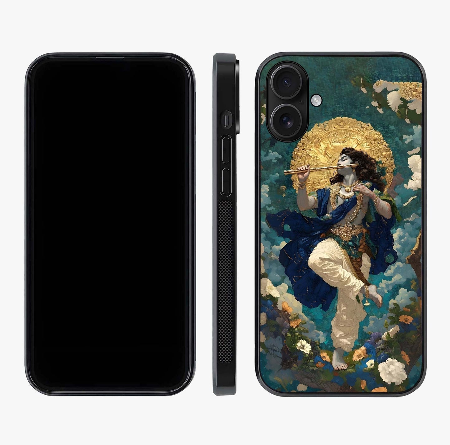Divine Krishna Art Glass Case displayed upright for full design visibility and premium finish.