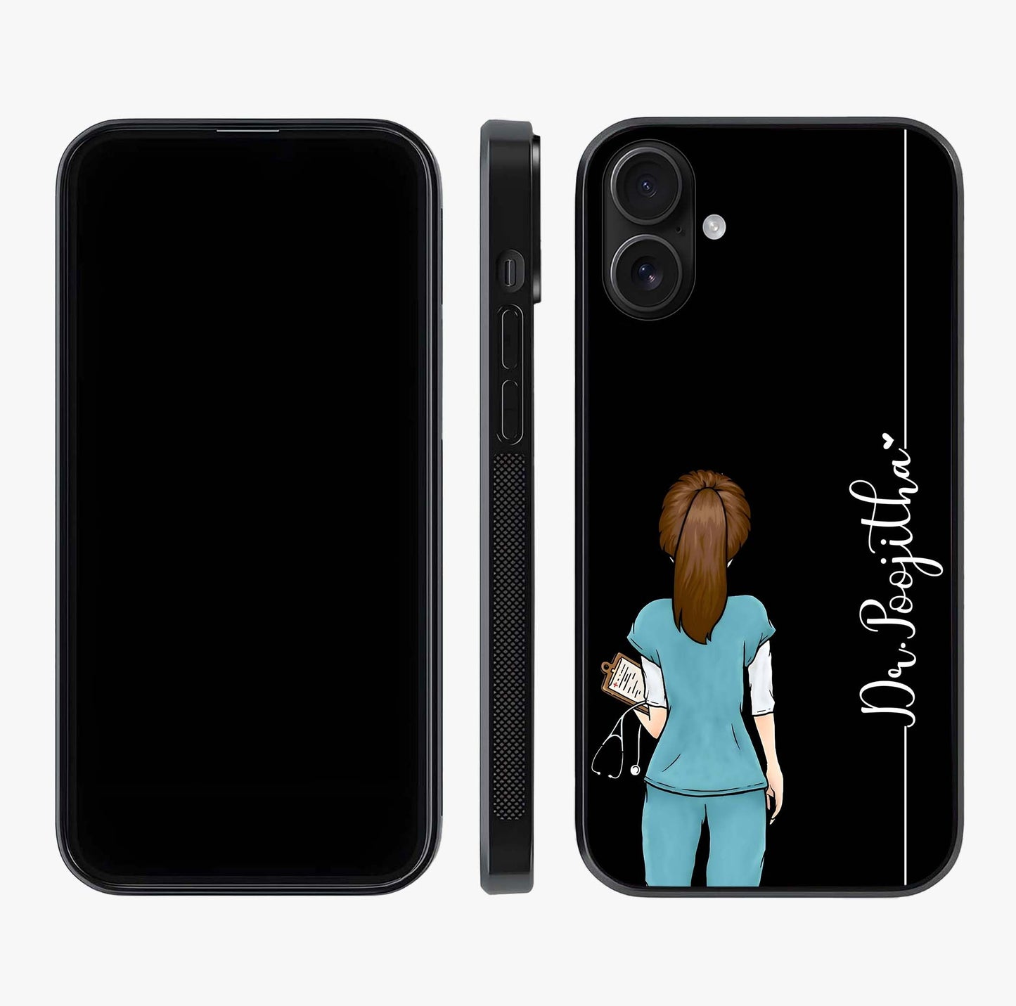Doctor Pattern Custom Name Glass Case displayed upright for full design visibility and premium finish.