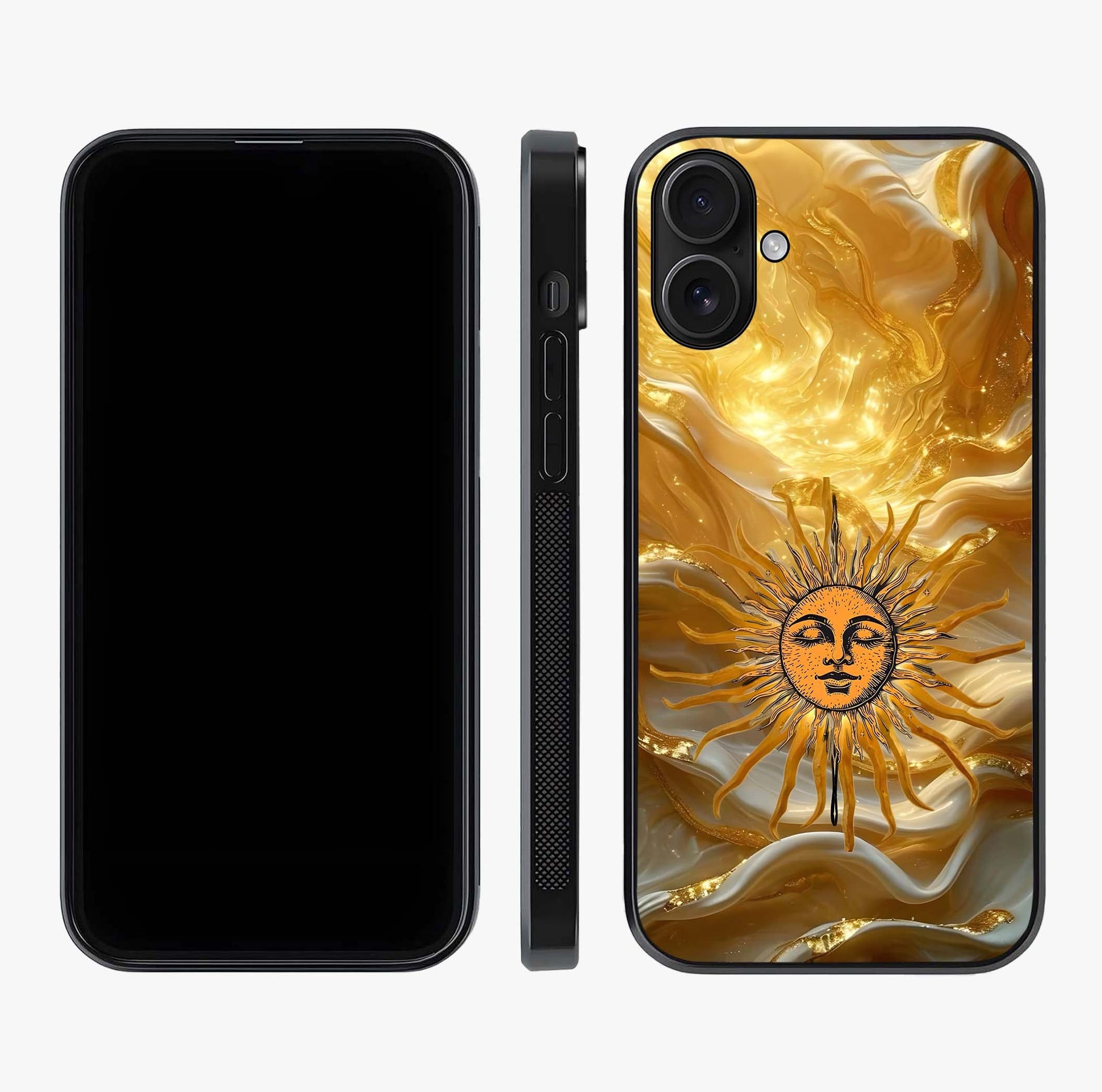 Eternal Golden Glow Glass Case displayed upright for full design visibility and premium finish.