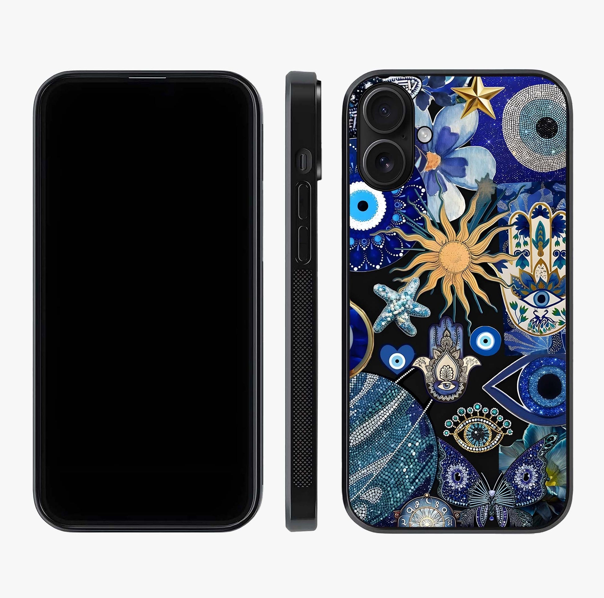 Evil Eye Charm Mix Glass Case displayed upright for full design visibility and premium finish.