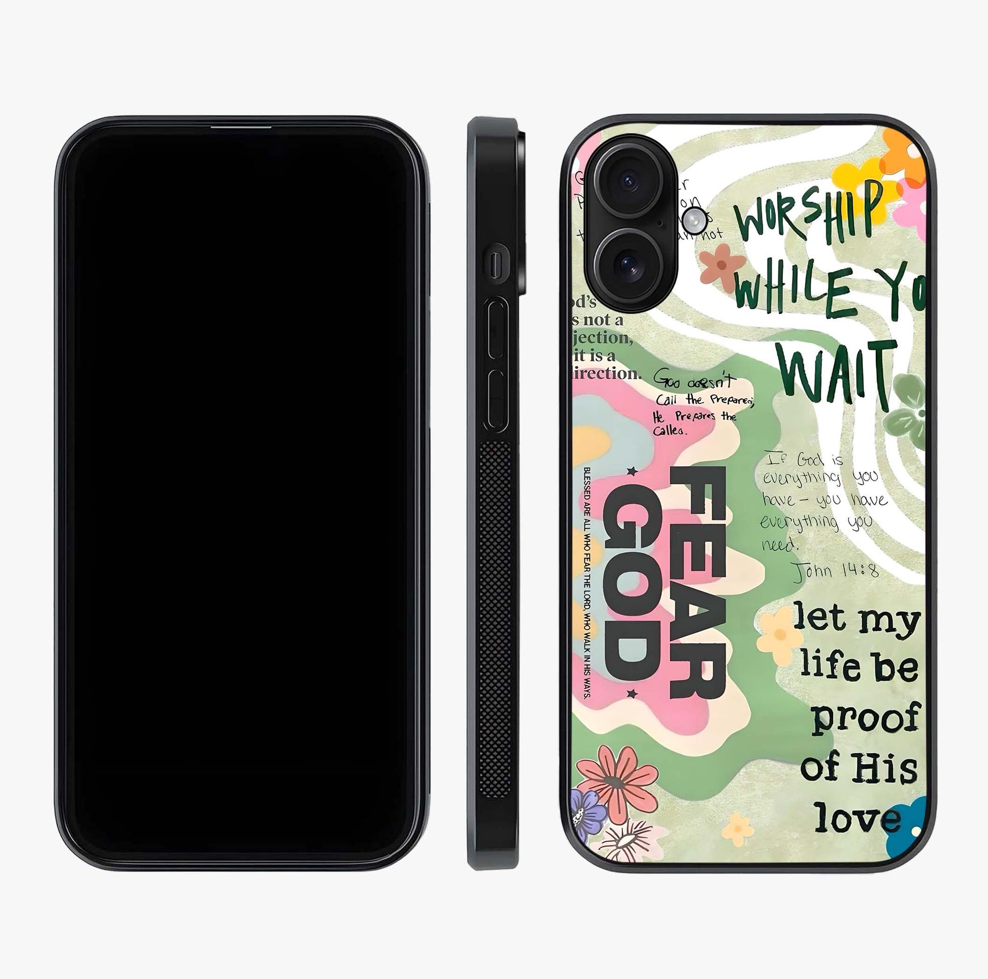 Faith Over Fear Glass Case displayed upright for full design visibility and premium finish.