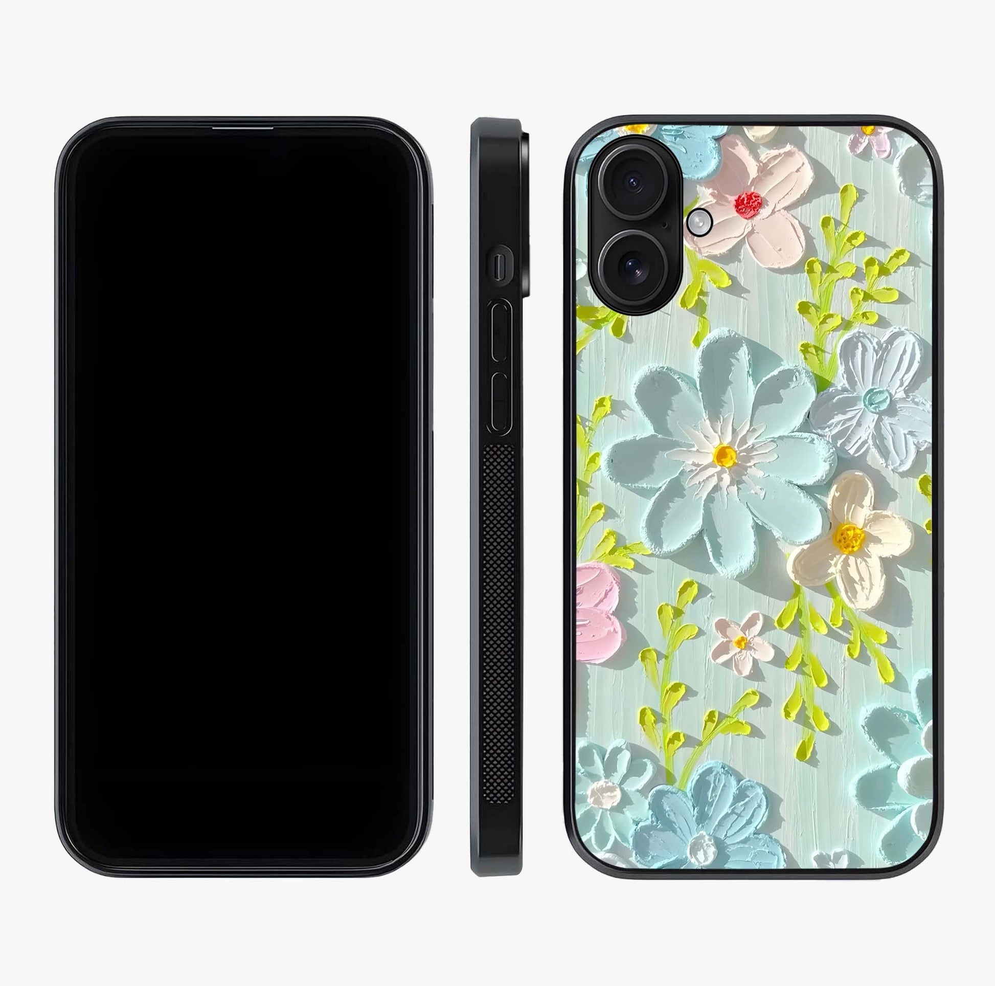 Frosted Petal Garden Glass Case displayed upright for full design visibility and premium finish.