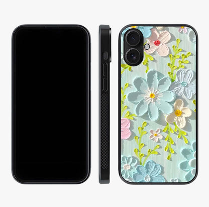 Frosted Petal Garden Glass Case displayed upright for full design visibility and premium finish.