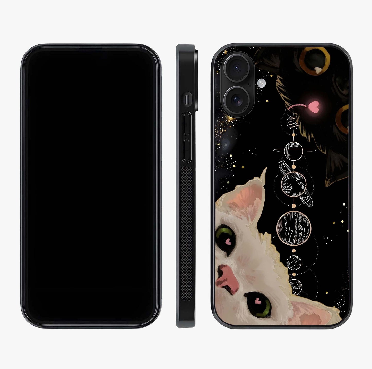 Galactic Cat Glass Case displayed upright for full design visibility and premium finish.