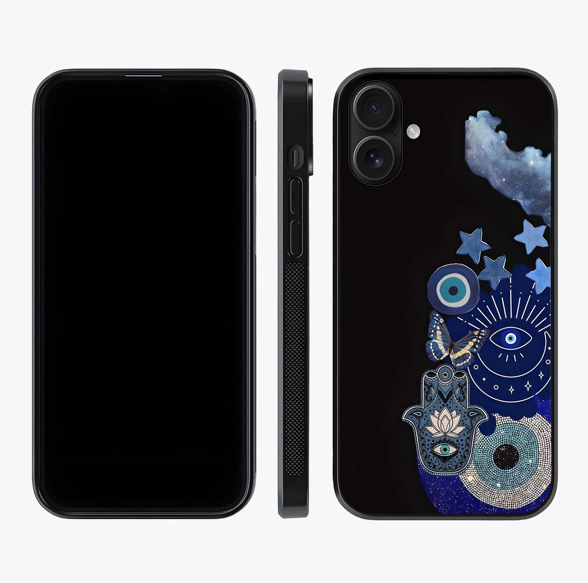 Galactic Charm Cluster Glass Case displayed upright for full design visibility and premium finish.