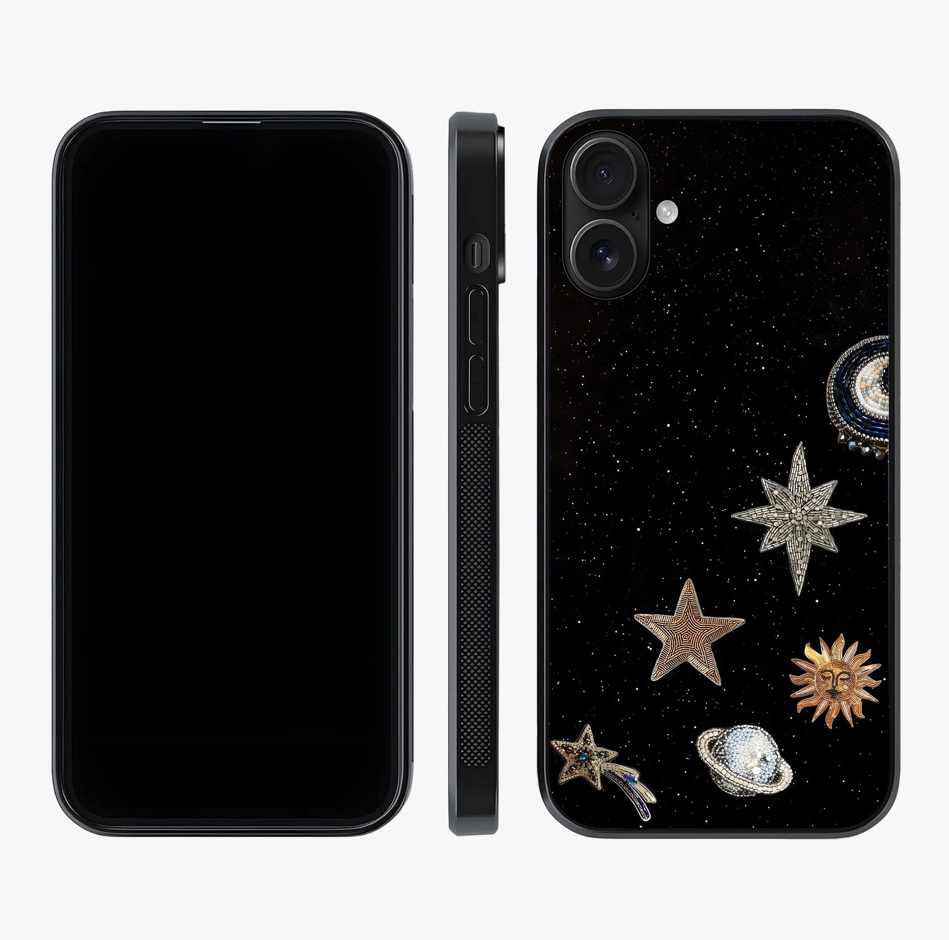 Galactic Charm Glow Glass Case displayed upright for full design visibility and premium finish.