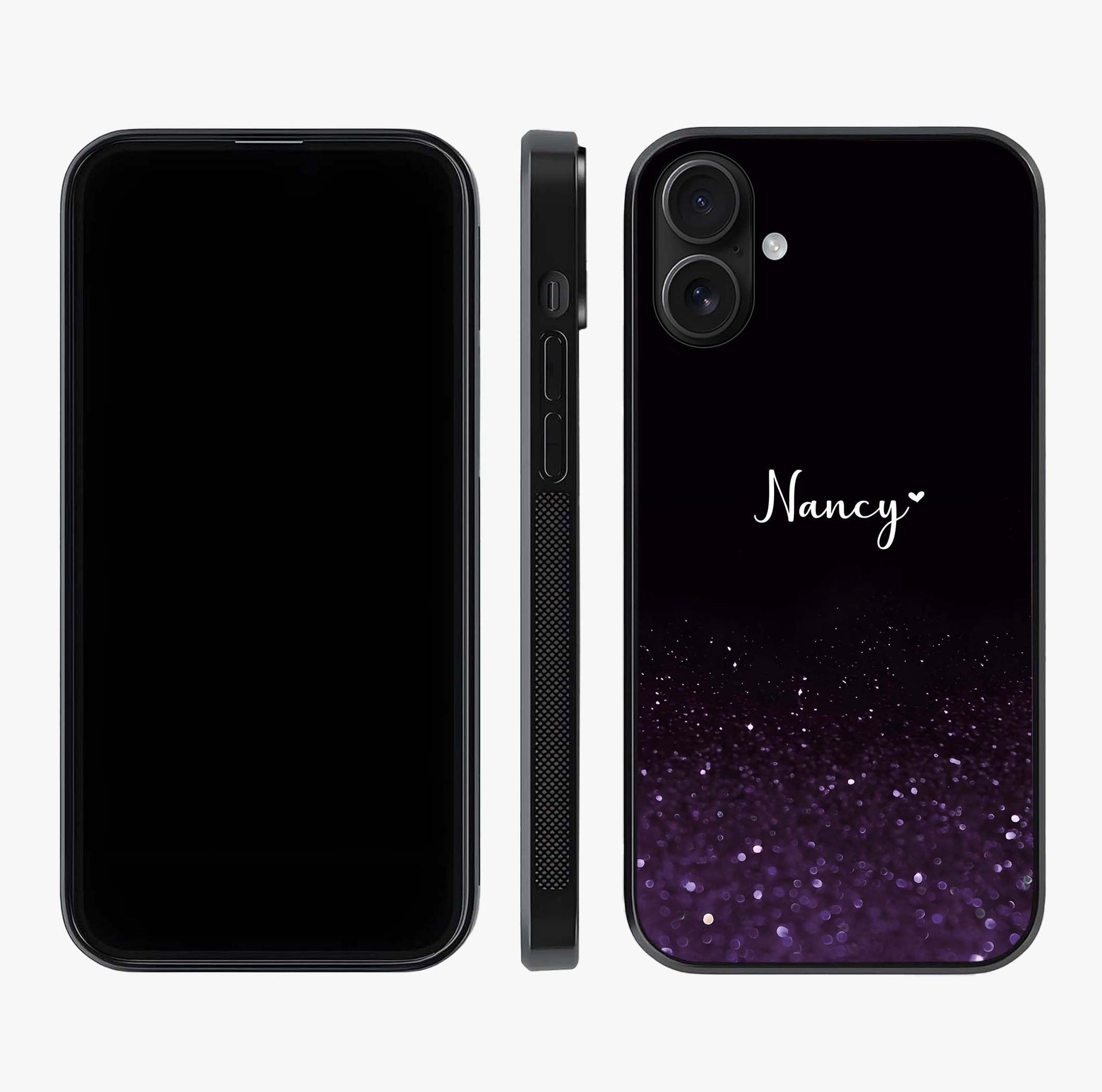 Glittery Purple Bokeh Custom Name Glass Case displayed upright for full design visibility and premium finish.