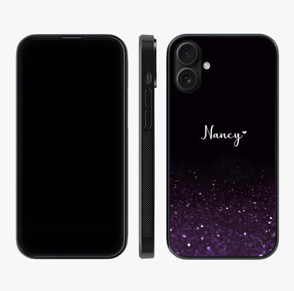 Glittery Purple Bokeh Custom Name Glass Case displayed upright for full design visibility and premium finish.