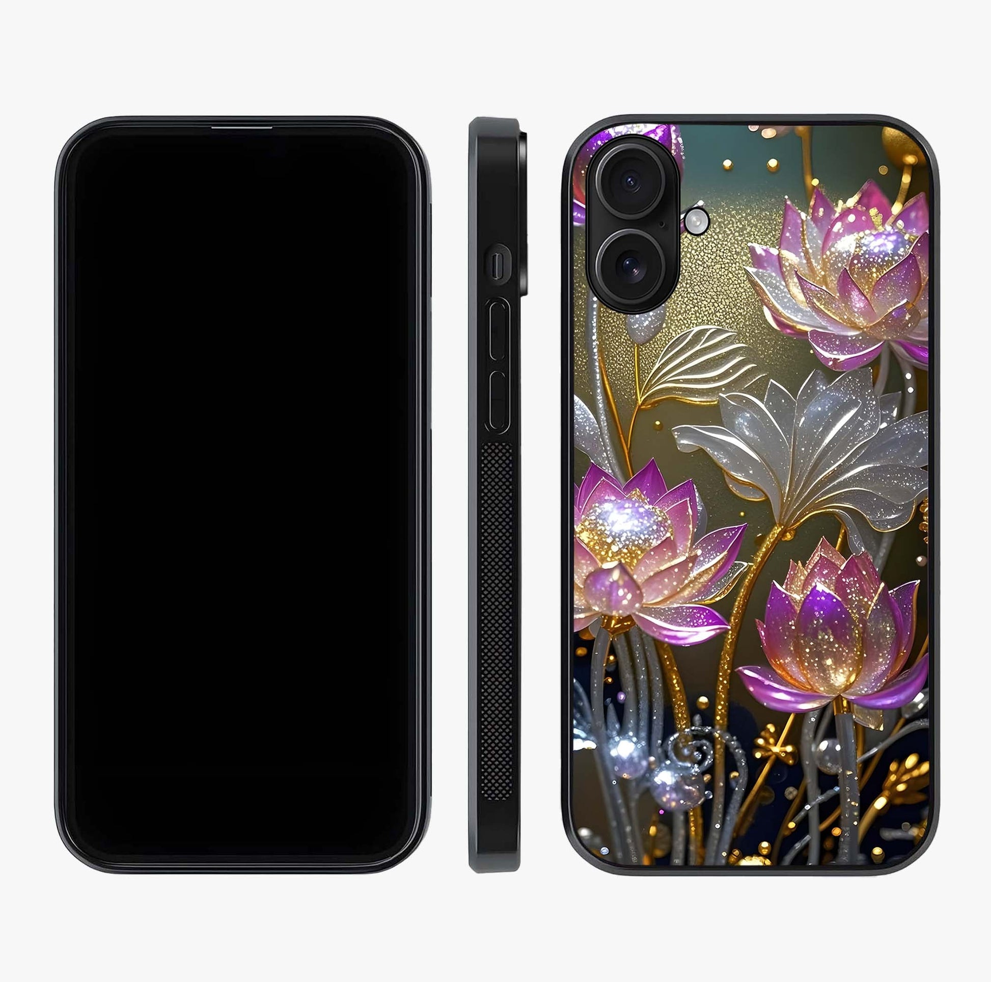 Golden Floral Majesty Glass Case displayed upright for full design visibility and premium finish.
