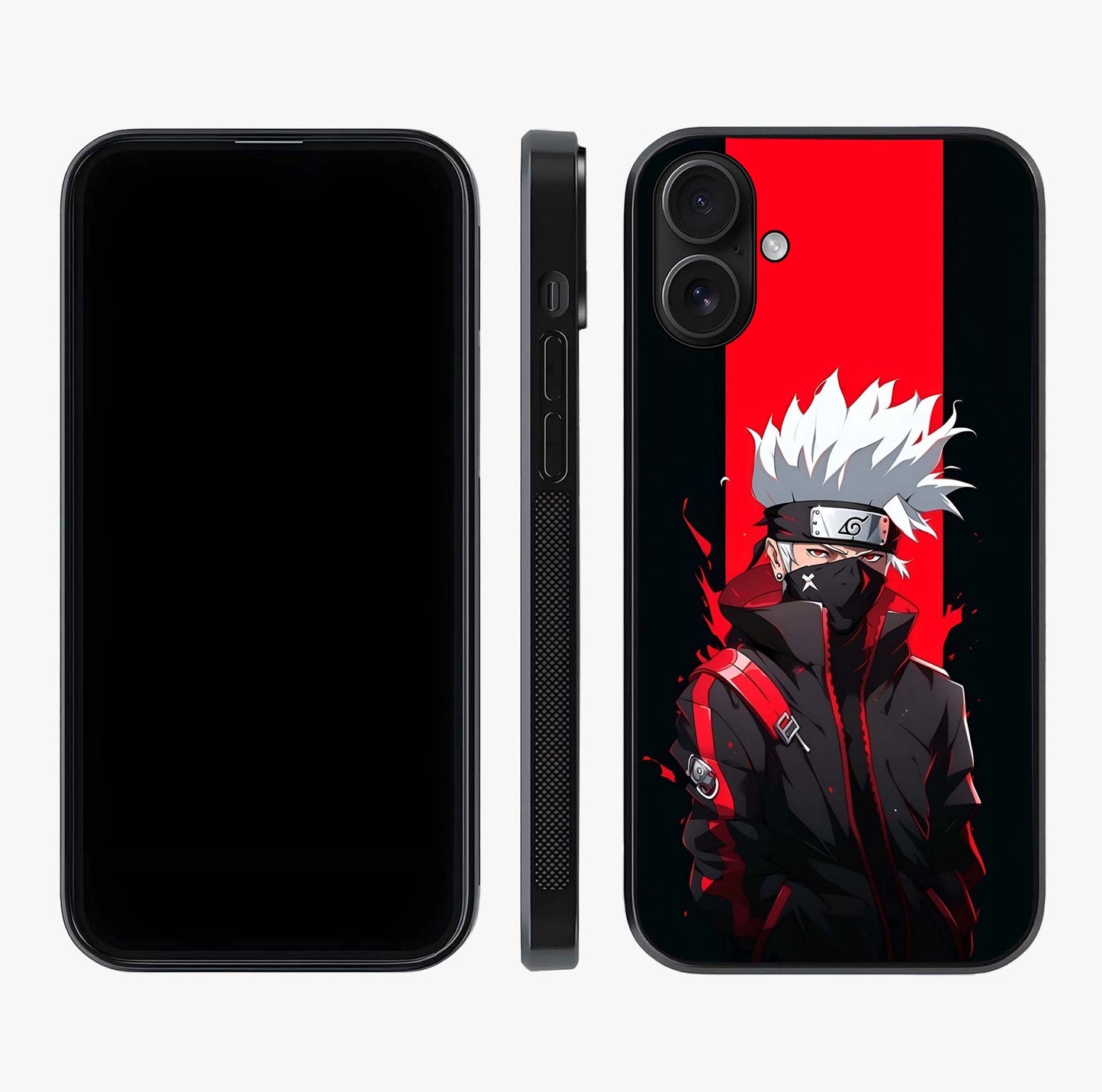 Kakashi Scarlet Shadow Glass Case displayed upright for full design visibility and premium finish.