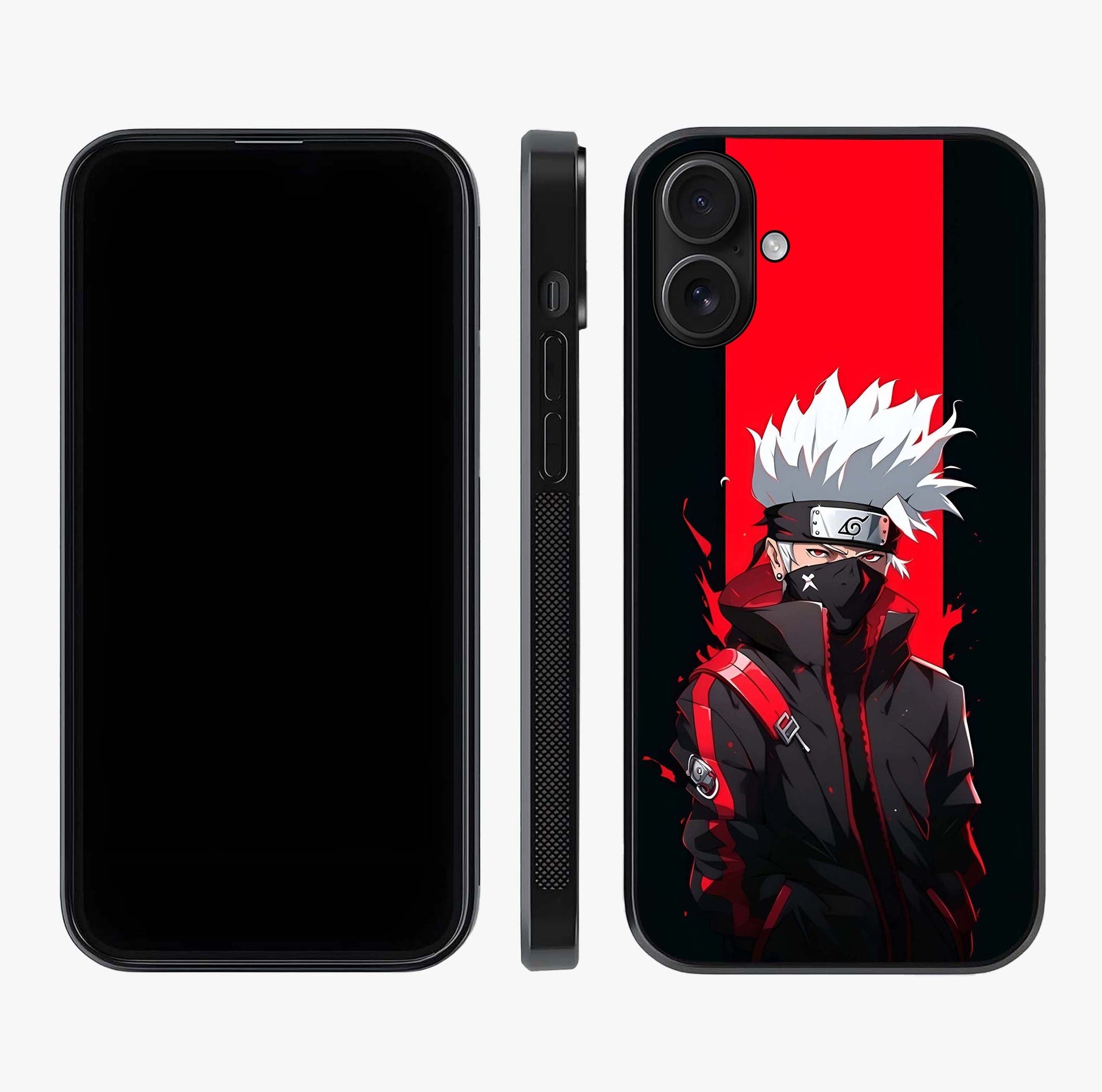 Kakashi Scarlet Shadow Glass Case displayed upright for full design visibility and premium finish.