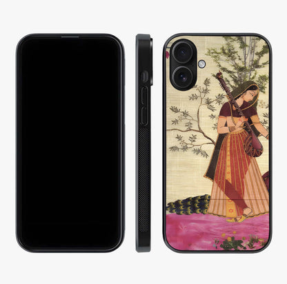 Lady With Veena Art Glass Case displayed upright for full design visibility and premium finish.
