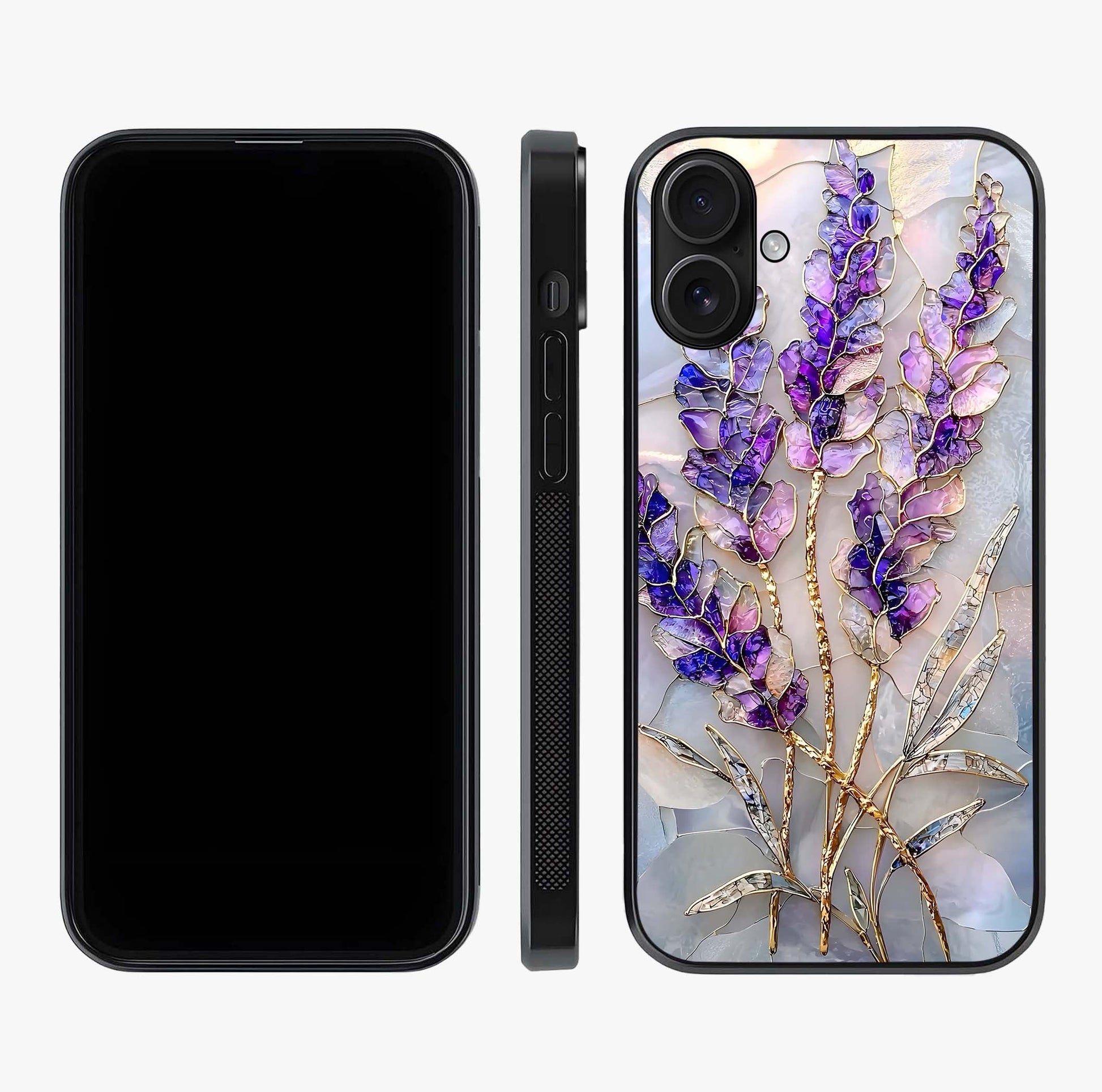 Lavender Dream Glow Glass Case displayed upright for full design visibility and premium finish.