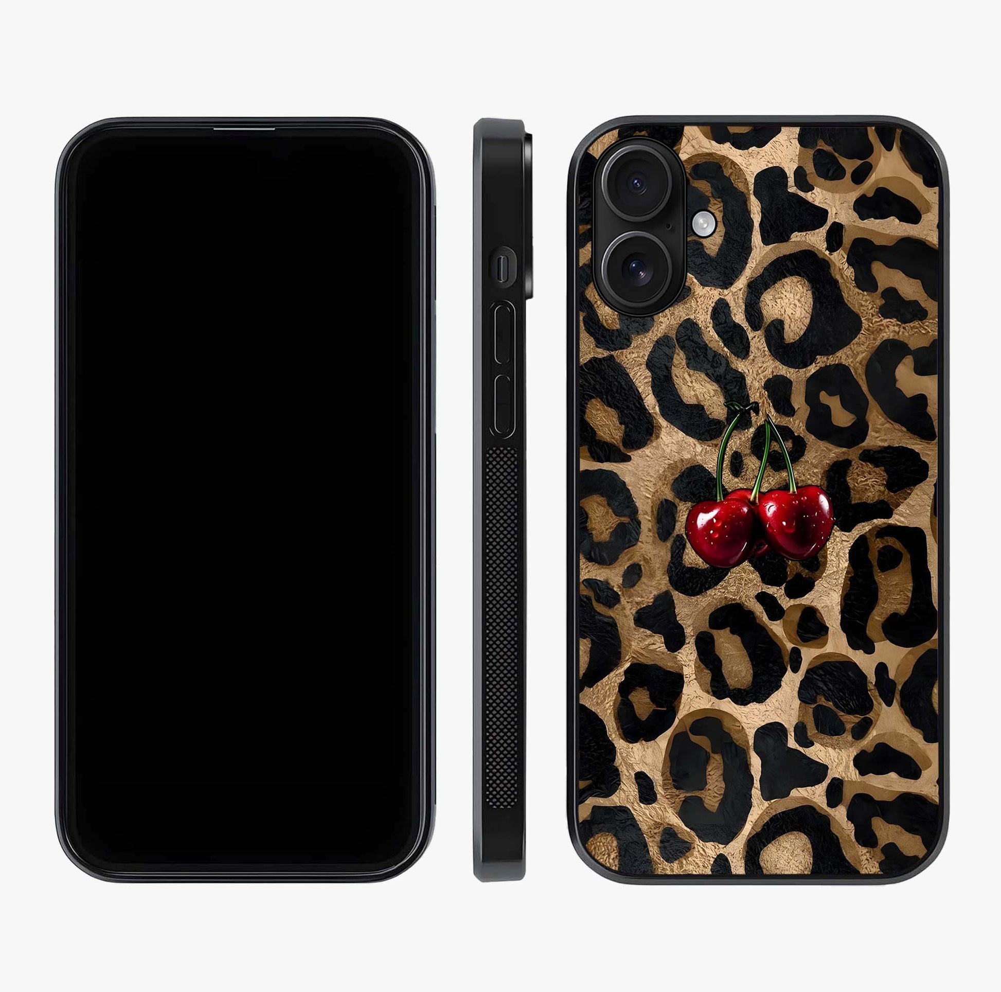 Leopard Wild Cherry Glass Case displayed upright for full design visibility and premium finish.