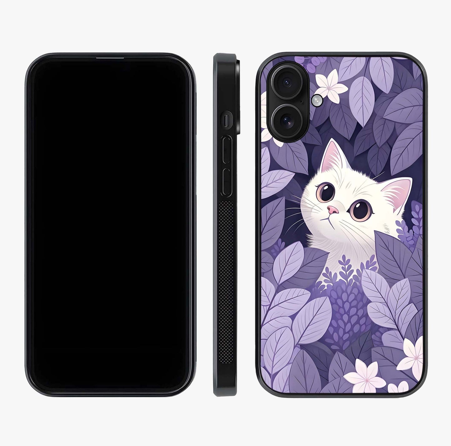 Lilac Hide Peek Cat Glass Case displayed upright for full design visibility and premium finish.