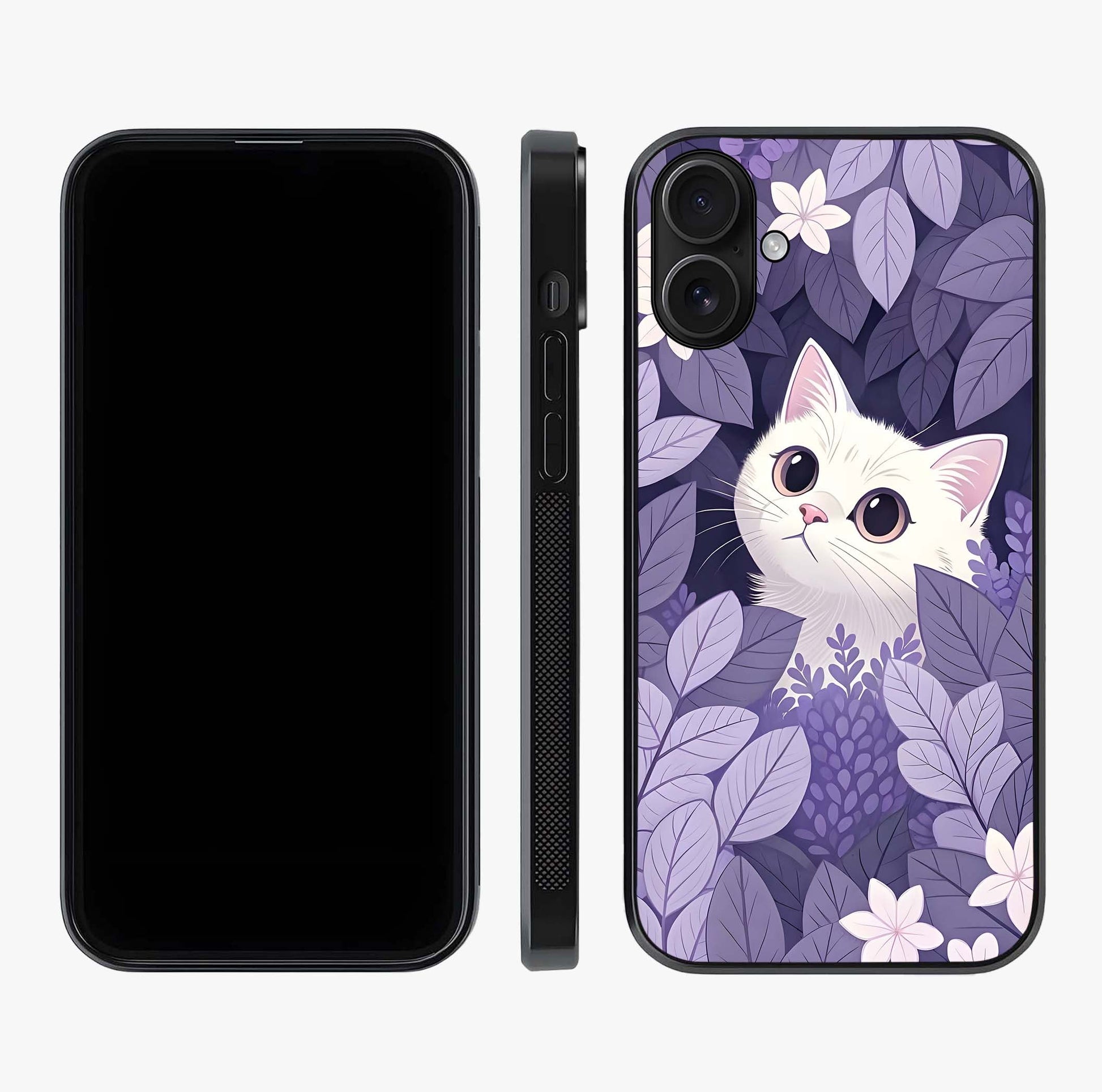 Lilac Hide Peek Cat Glass Case displayed upright for full design visibility and premium finish.