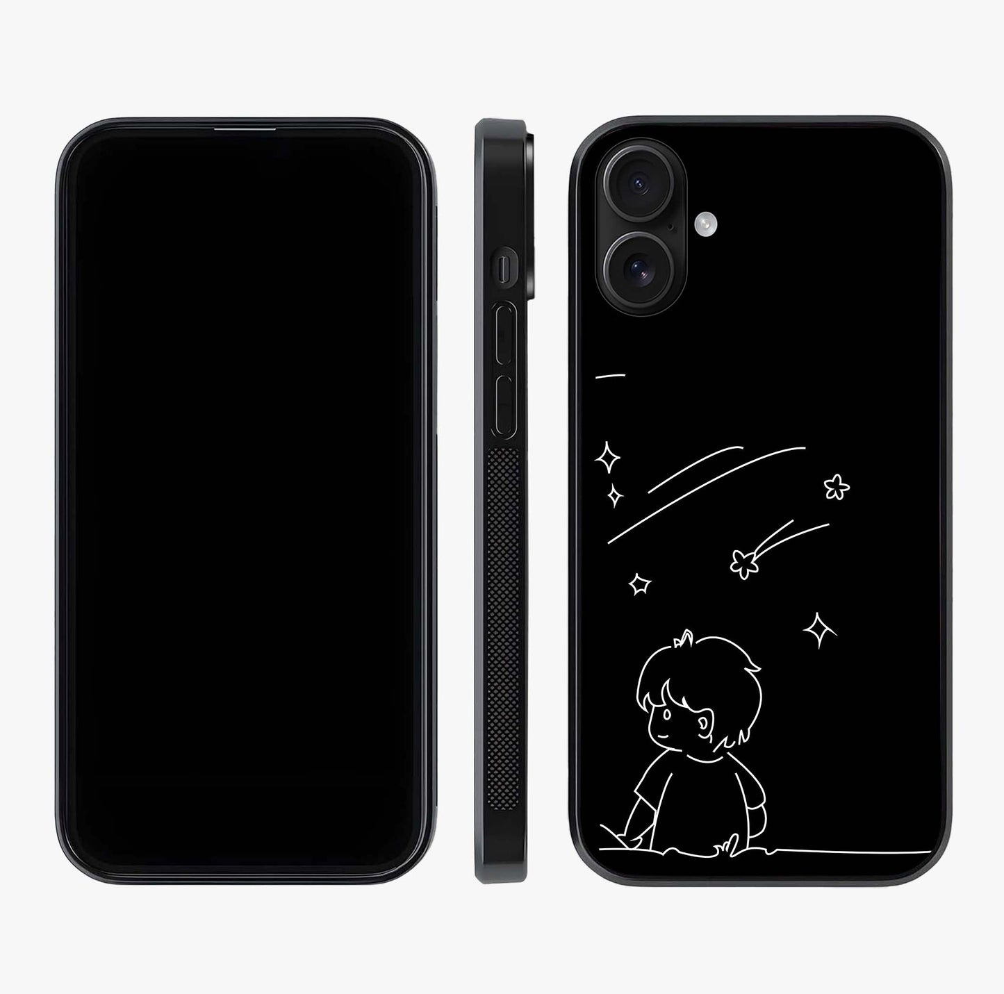 Line Art Boy With Shooting Stars Glass Case displayed upright for full design visibility and premium finish.