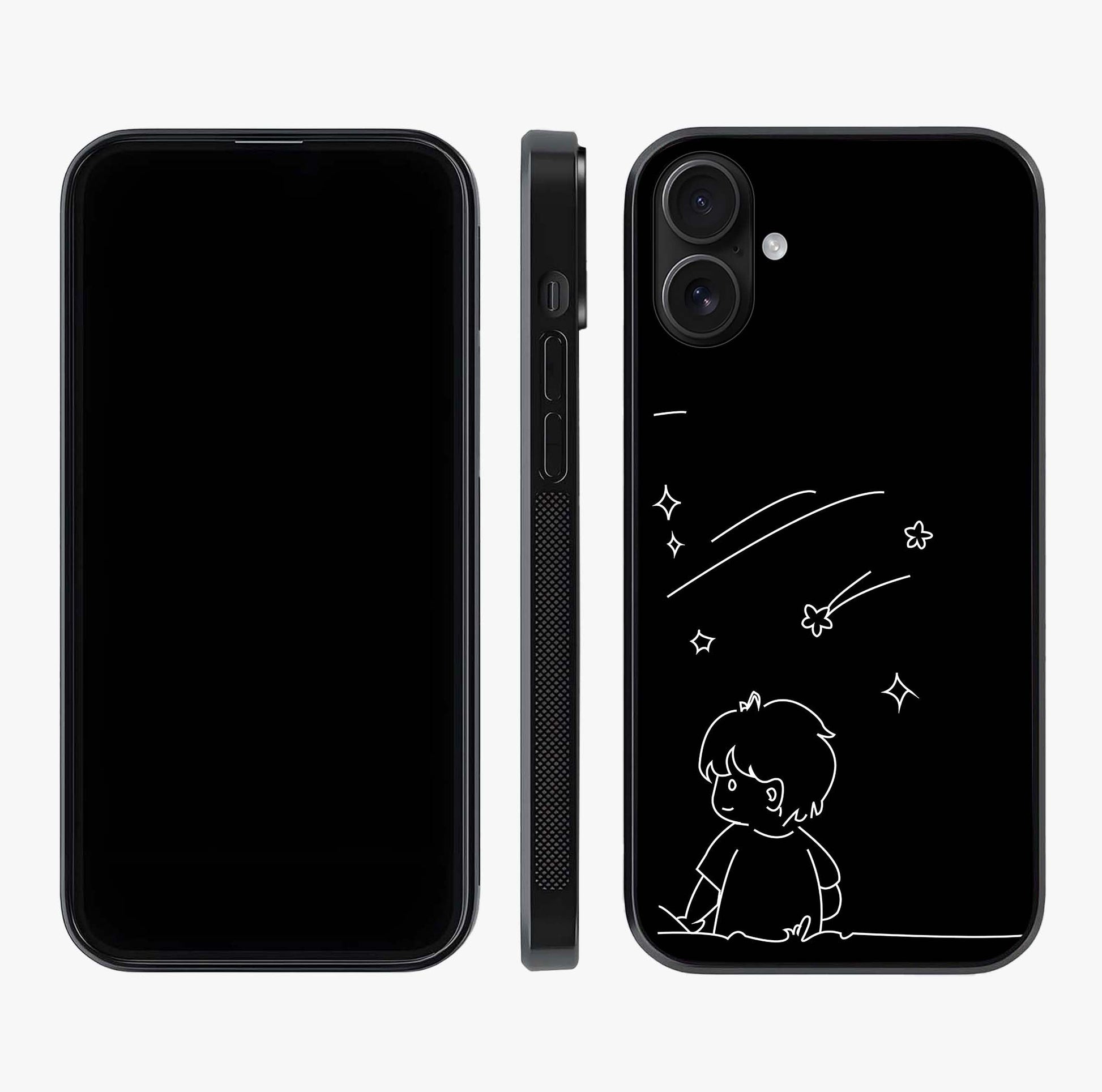 Line Art Boy With Shooting Stars Glass Case displayed upright for full design visibility and premium finish.
