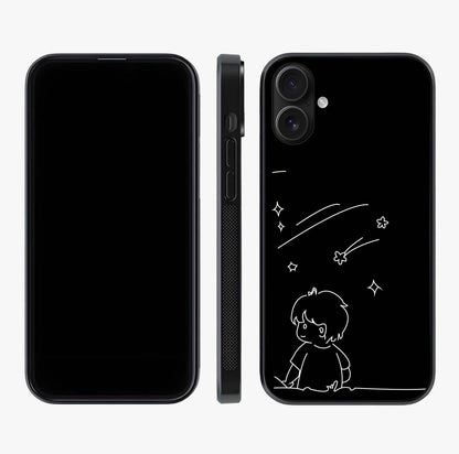 Line Art Boy With Shooting Stars Glass Case displayed upright for full design visibility and premium finish.