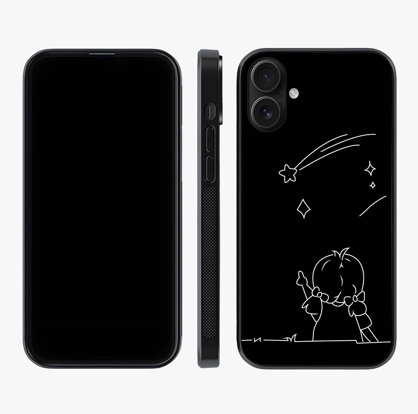 Line Art Girl With Shooting Stars Glass Case displayed upright for full design visibility and premium finish.