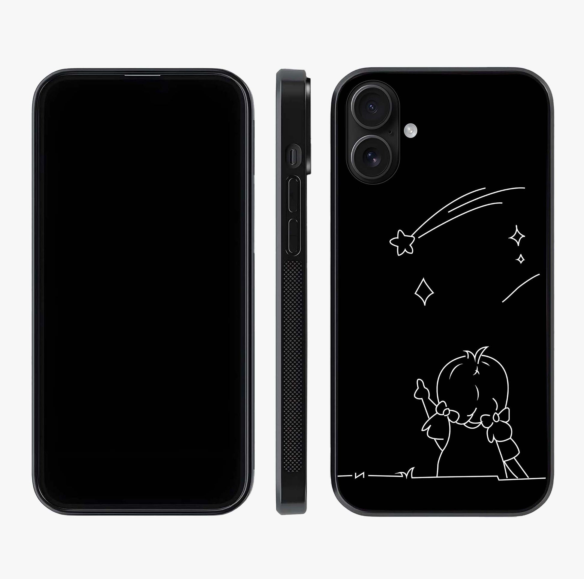 Line Art Girl With Shooting Stars Glass Case displayed upright for full design visibility and premium finish.