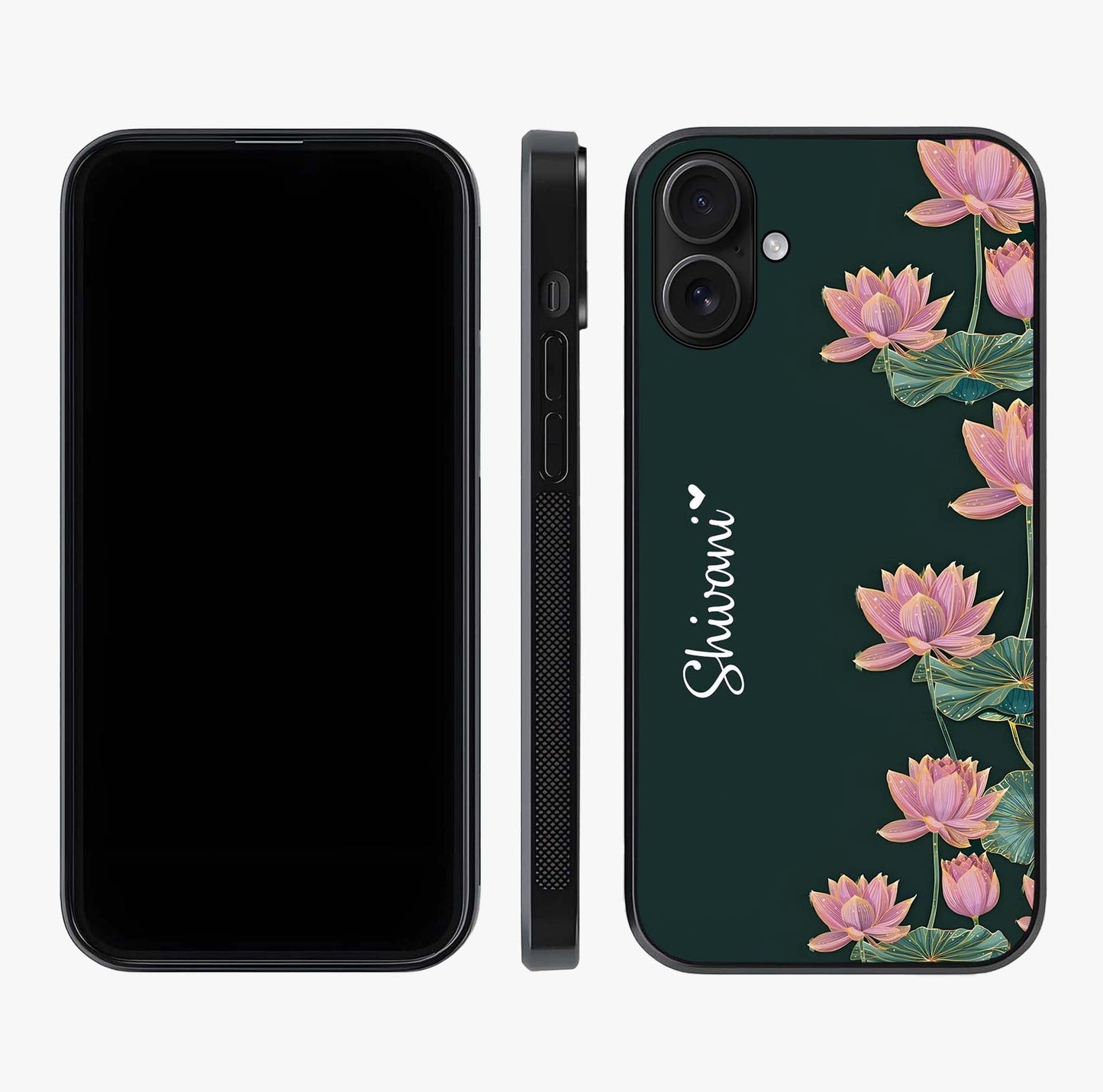 Lotus Bloom Serenity Custom Name Glass Case displayed upright for full design visibility and premium finish.