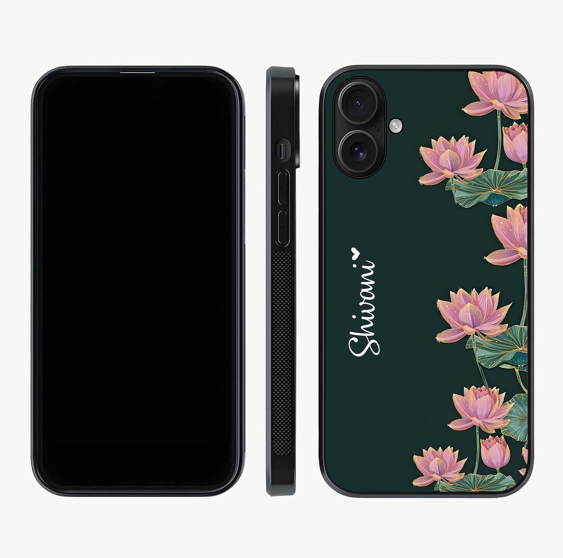 Lotus Bloom Serenity Custom Name Glass Case displayed upright for full design visibility and premium finish.