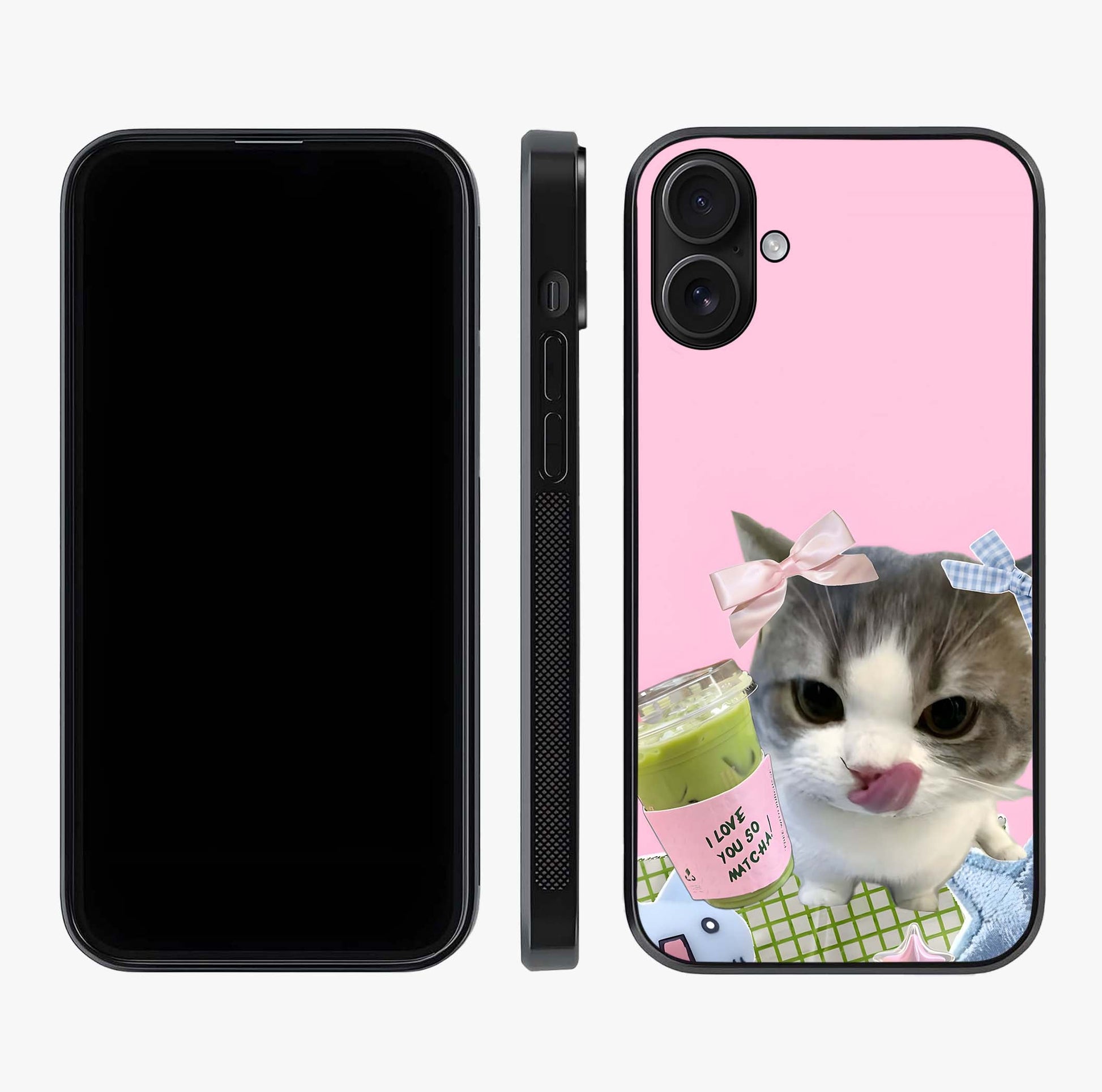 Love Matcha Cat Glass Case displayed upright for full design visibility and premium finish.