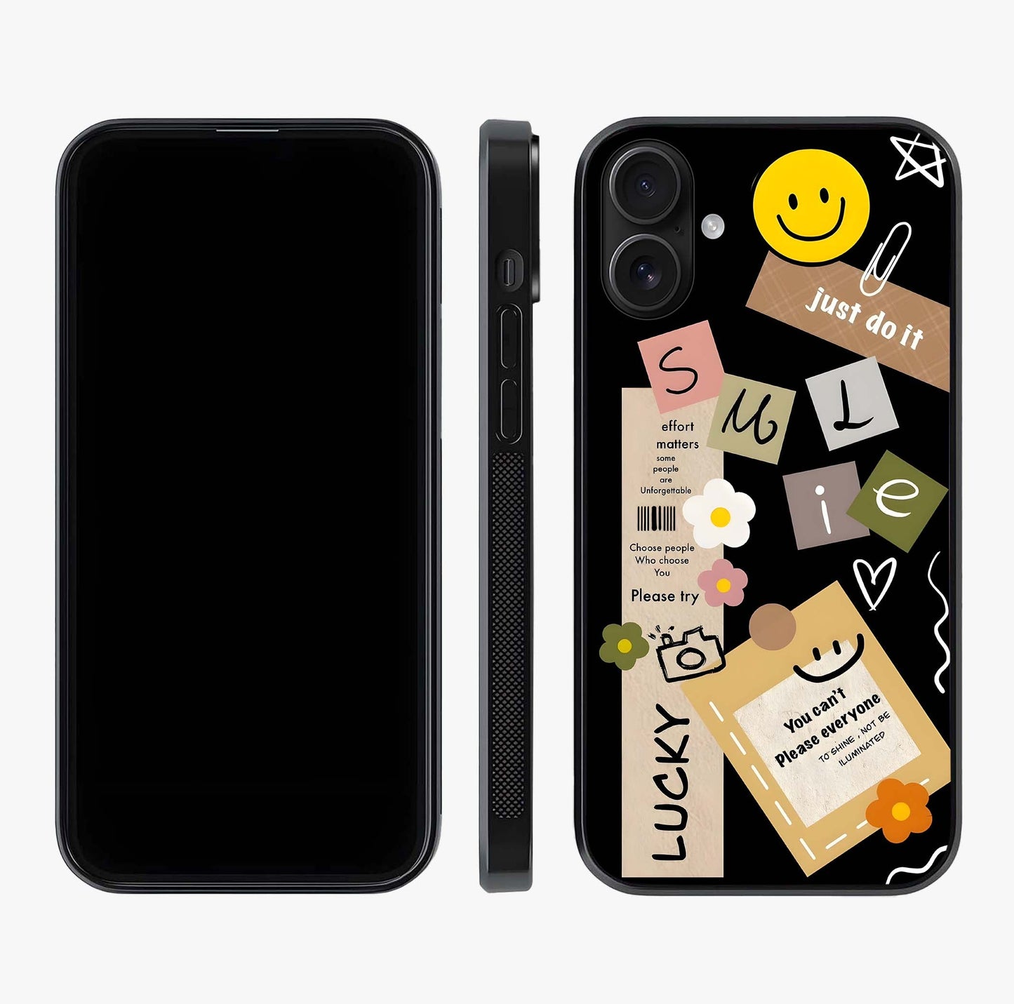 Lucky Aesthetic Collage Glass Case displayed upright for full design visibility and premium finish.