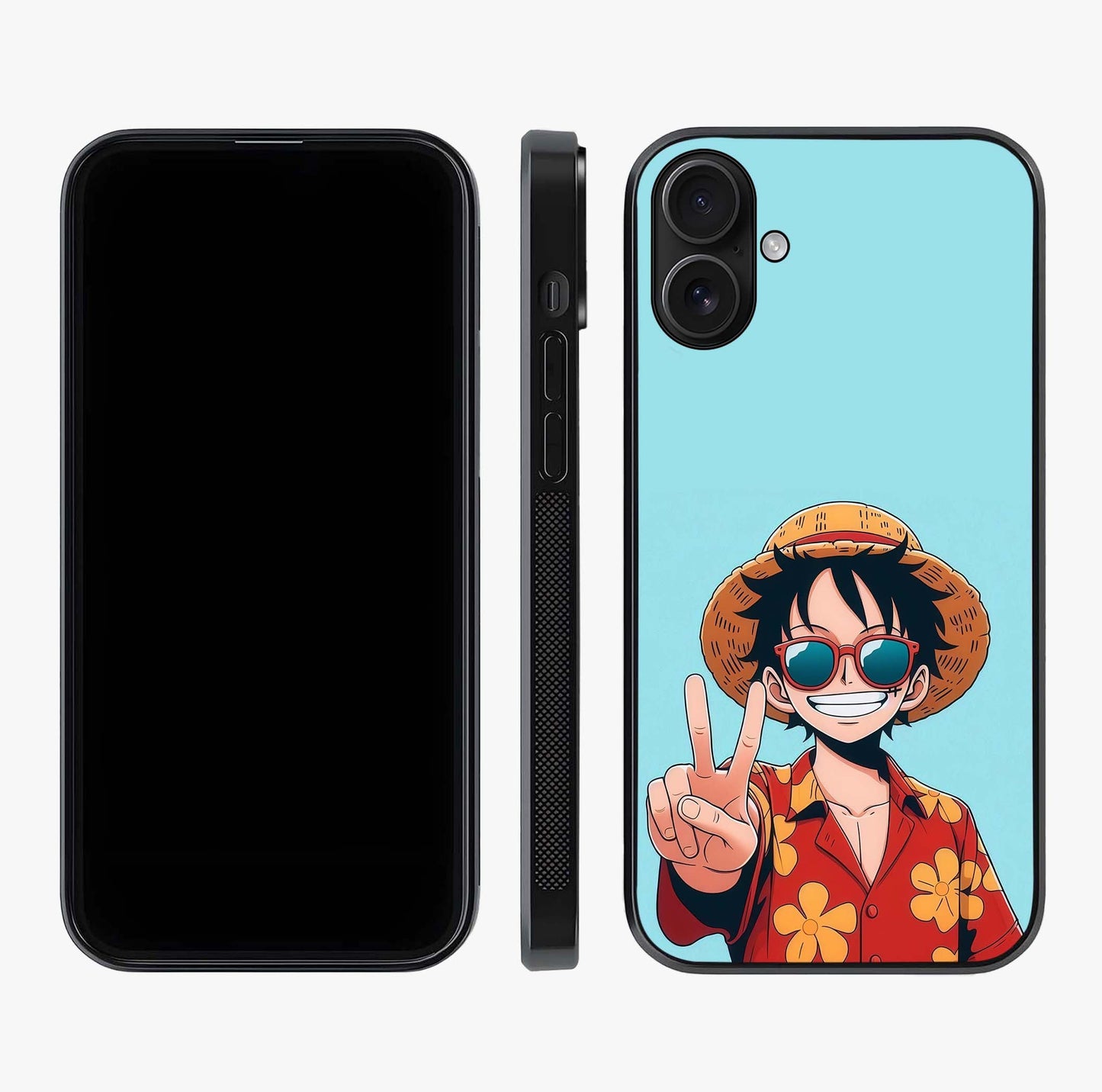 Luffy Summer Anime Vibe Glass Case displayed upright for full design visibility and premium finish.