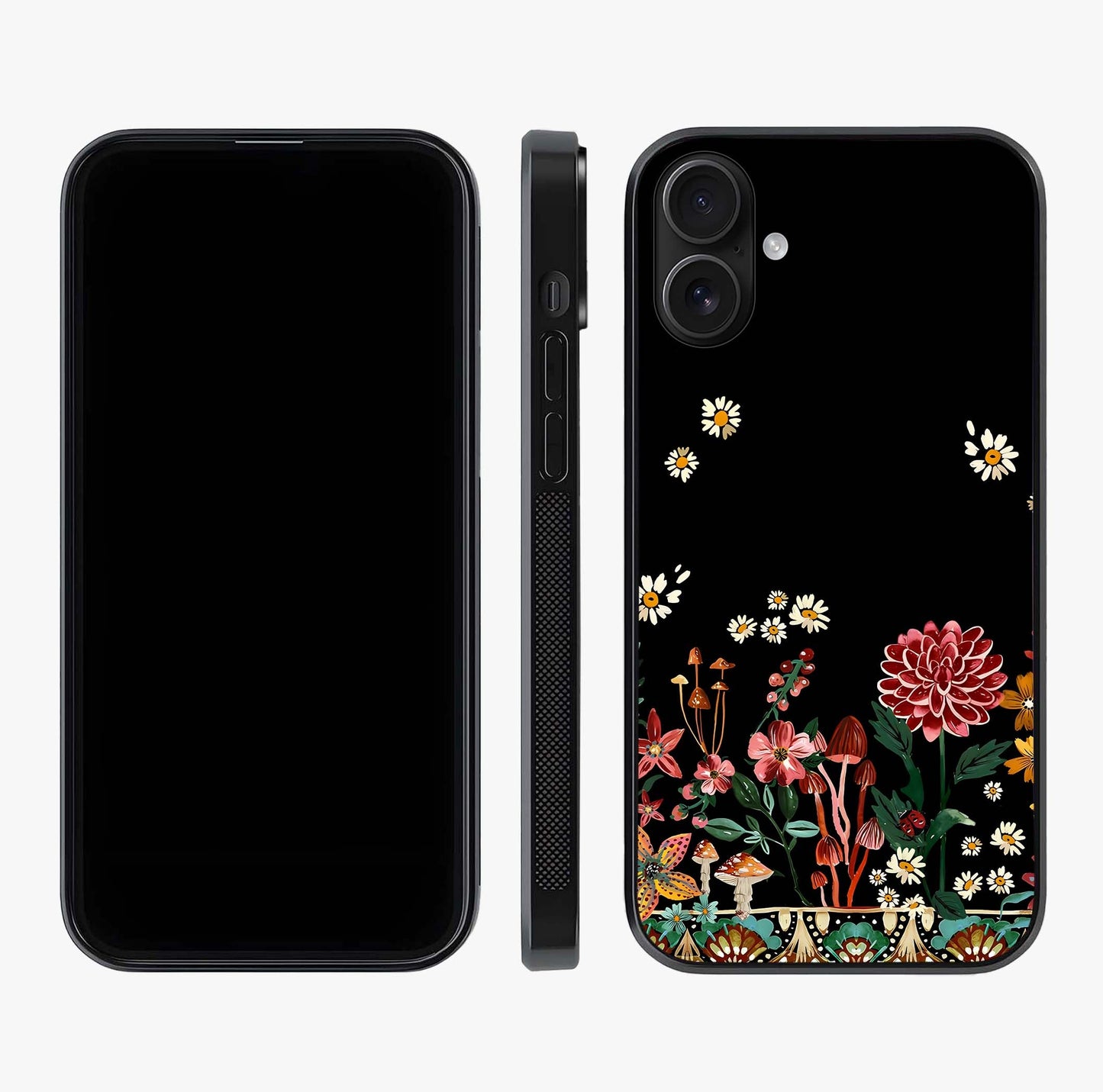 Midnight Bloom Pattern Glass Case displayed upright for full design visibility and premium finish.