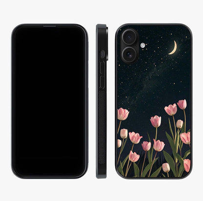 Midnight Tulip Whispers Vibe Glass Case displayed upright for full design visibility and premium finish.