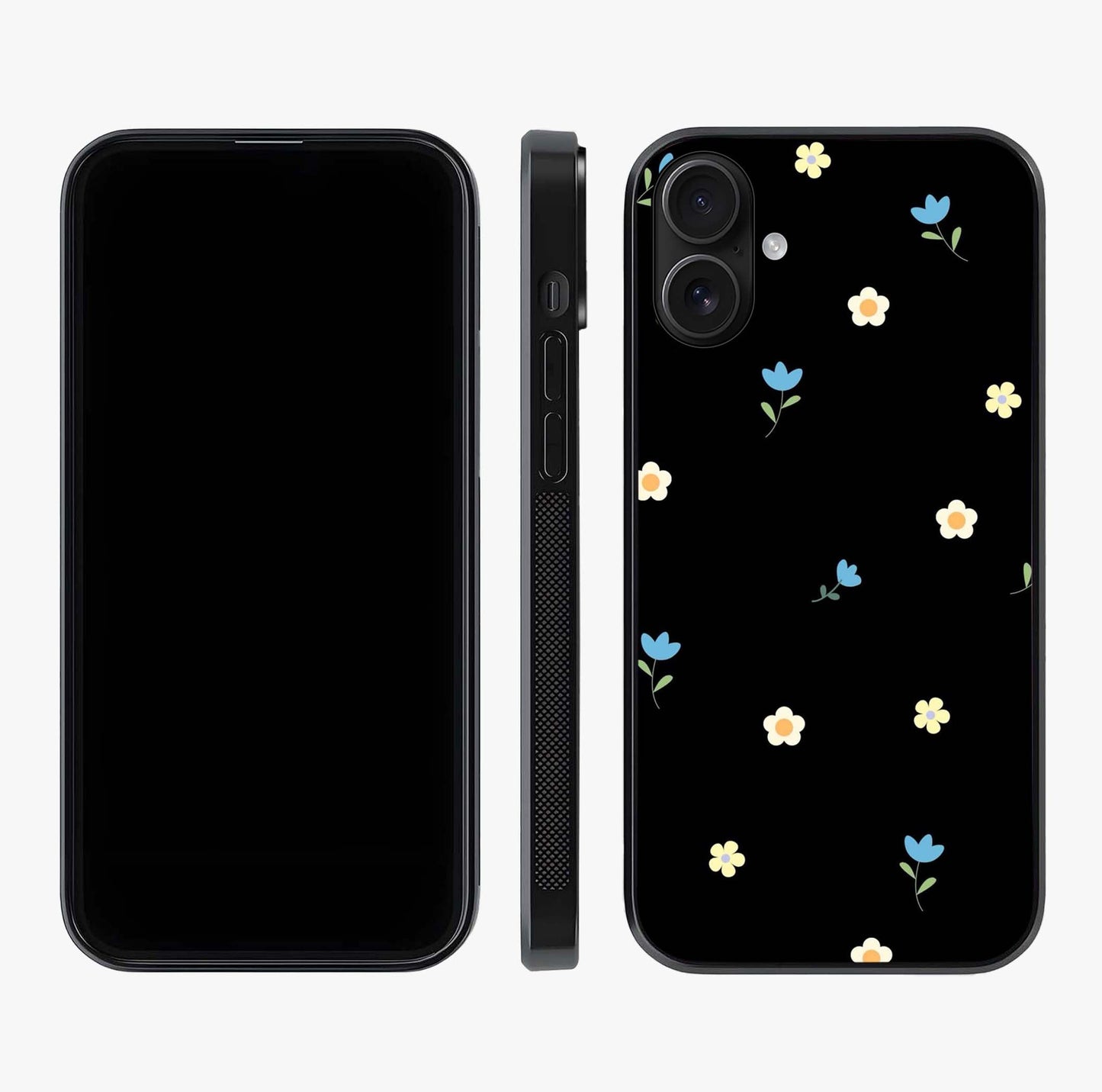 Minimal Petal Whispers Glass Case displayed upright for full design visibility and premium finish.