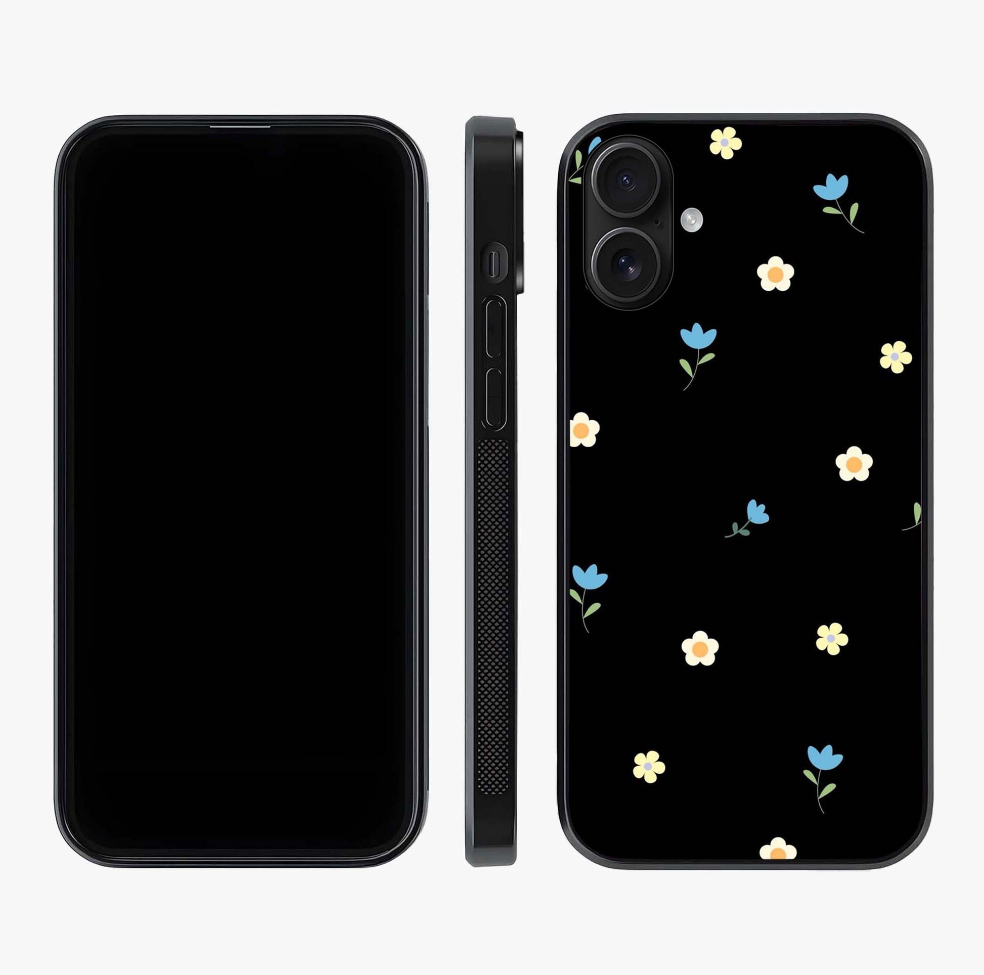 Minimal Petal Whispers Glass Case displayed upright for full design visibility and premium finish.