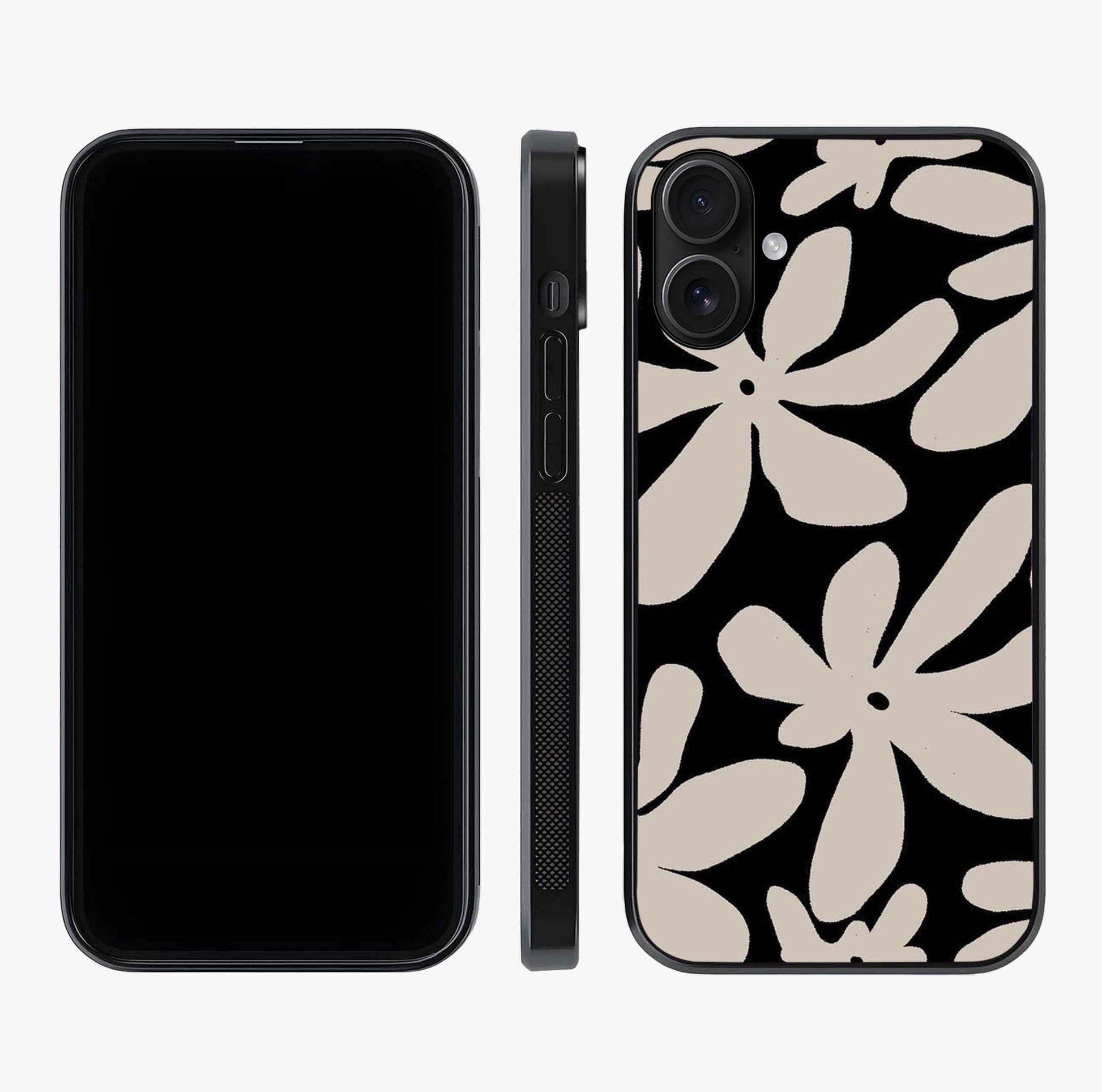 Monochrome Petal Dance Glass Case displayed upright for full design visibility and premium finish.